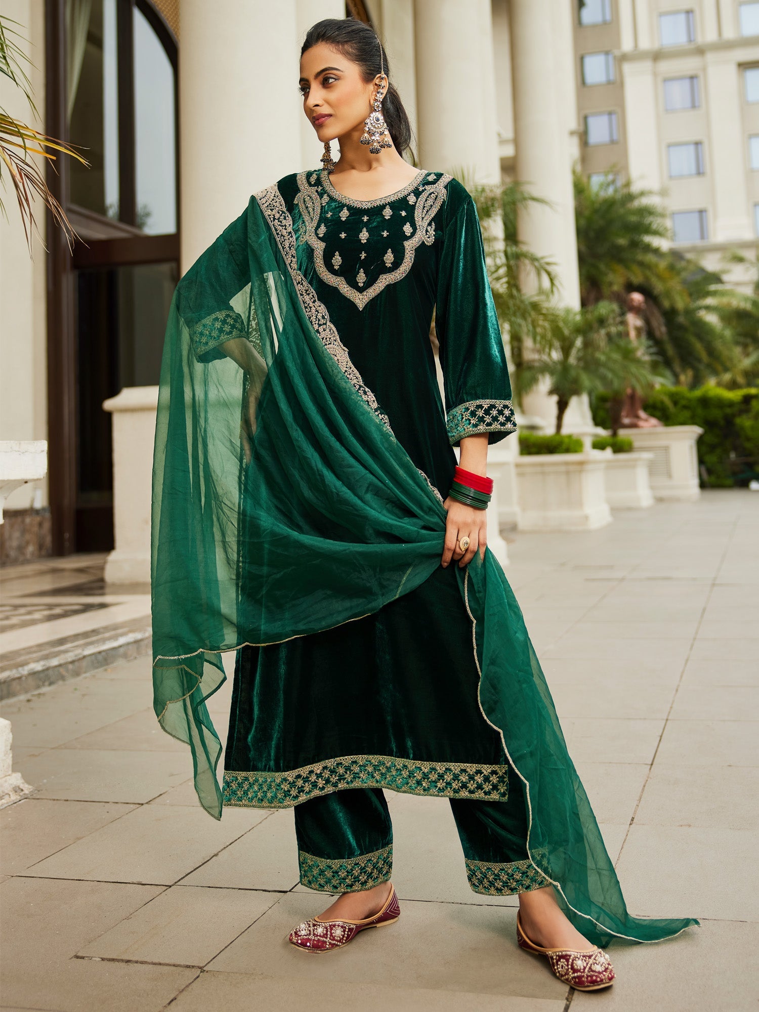 Indo Era Green Embroidered Straight Kurta Trousers With Dupatta set