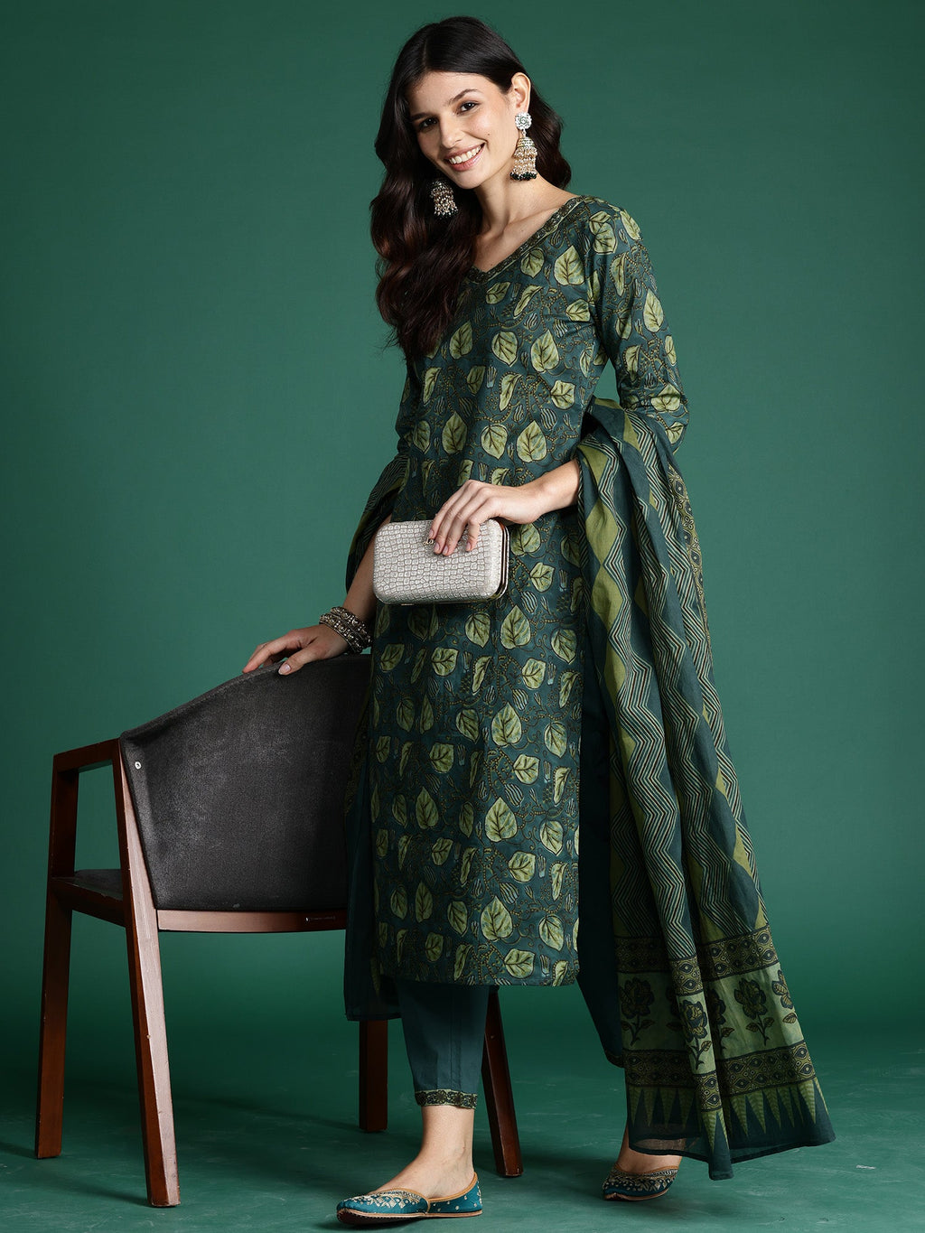 Indo Era Green Printed Straight Kurta Trousers With Dupatta Set