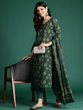 Indo Era Green Printed Straight Kurta Trousers With Dupatta Set
