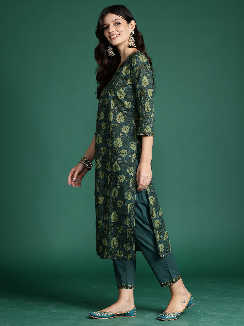 Indo Era Green Printed Straight Kurta Trousers With Dupatta Set