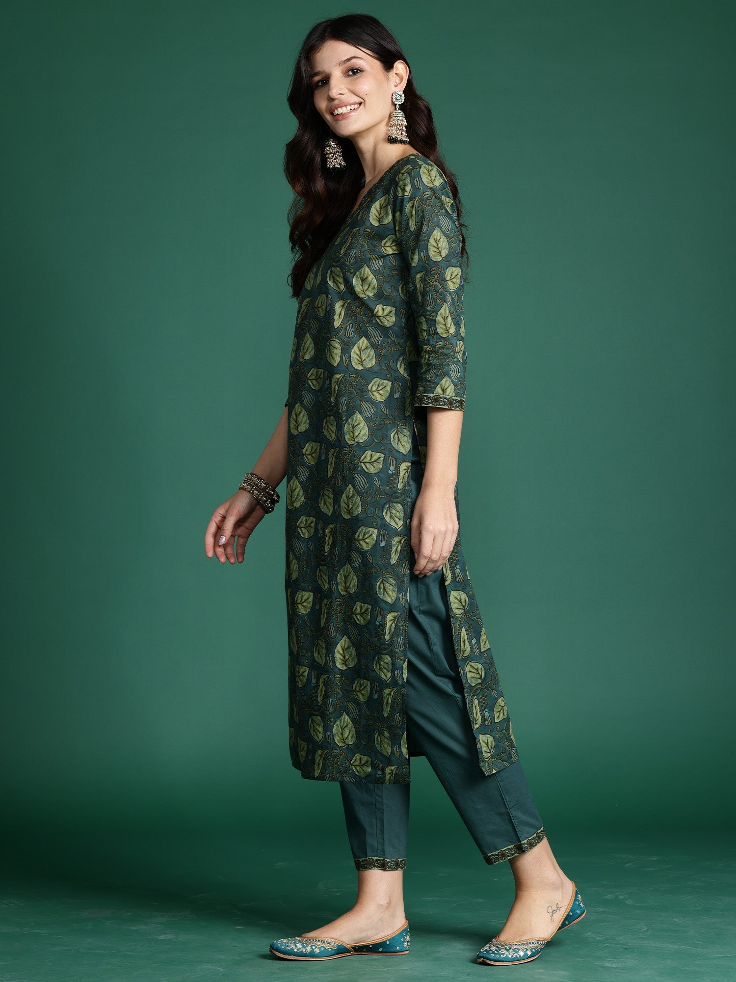 Indo Era Green Printed Straight Kurta Trousers With Dupatta Set