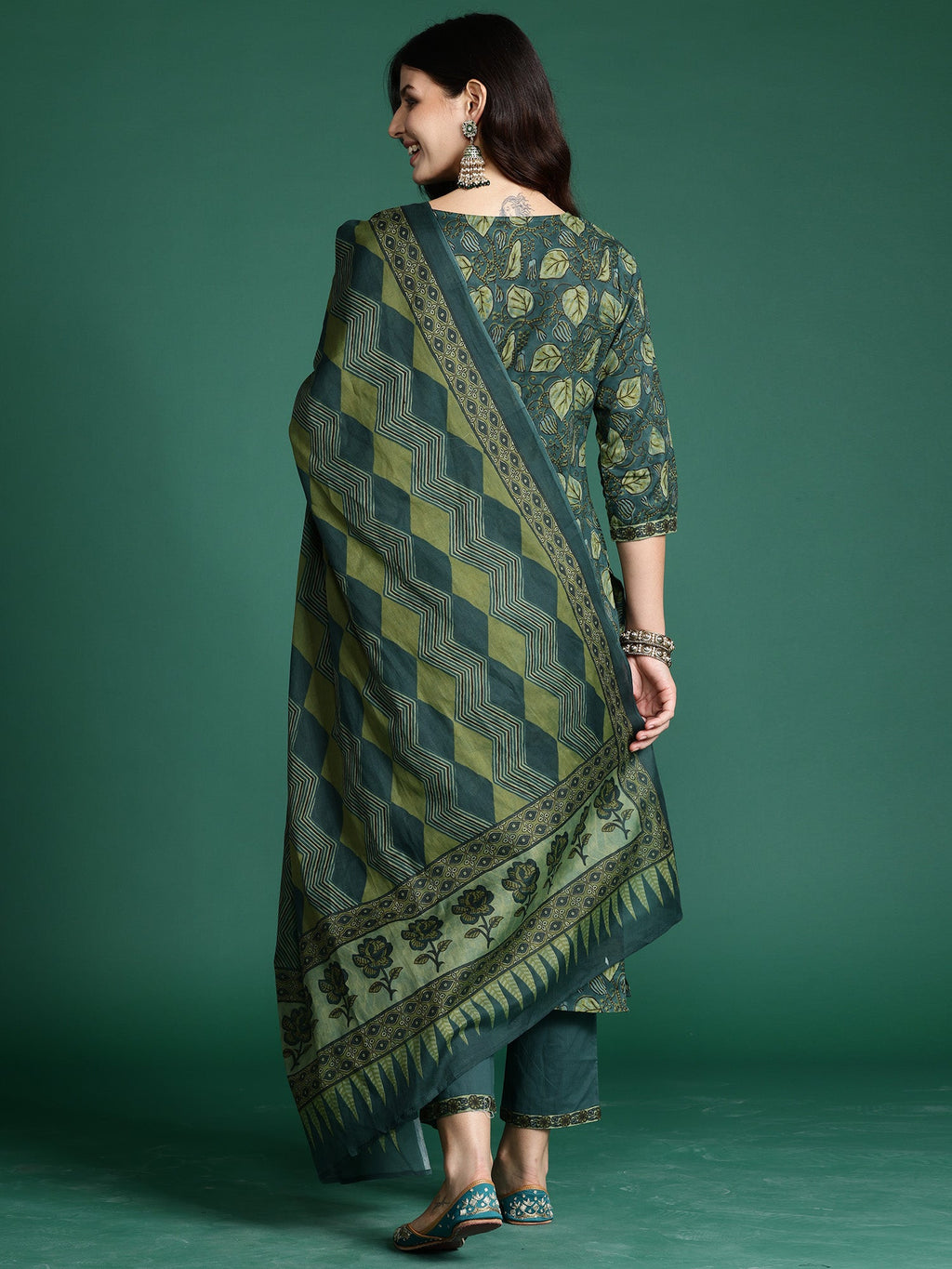 Indo Era Green Printed Straight Kurta Trousers With Dupatta Set