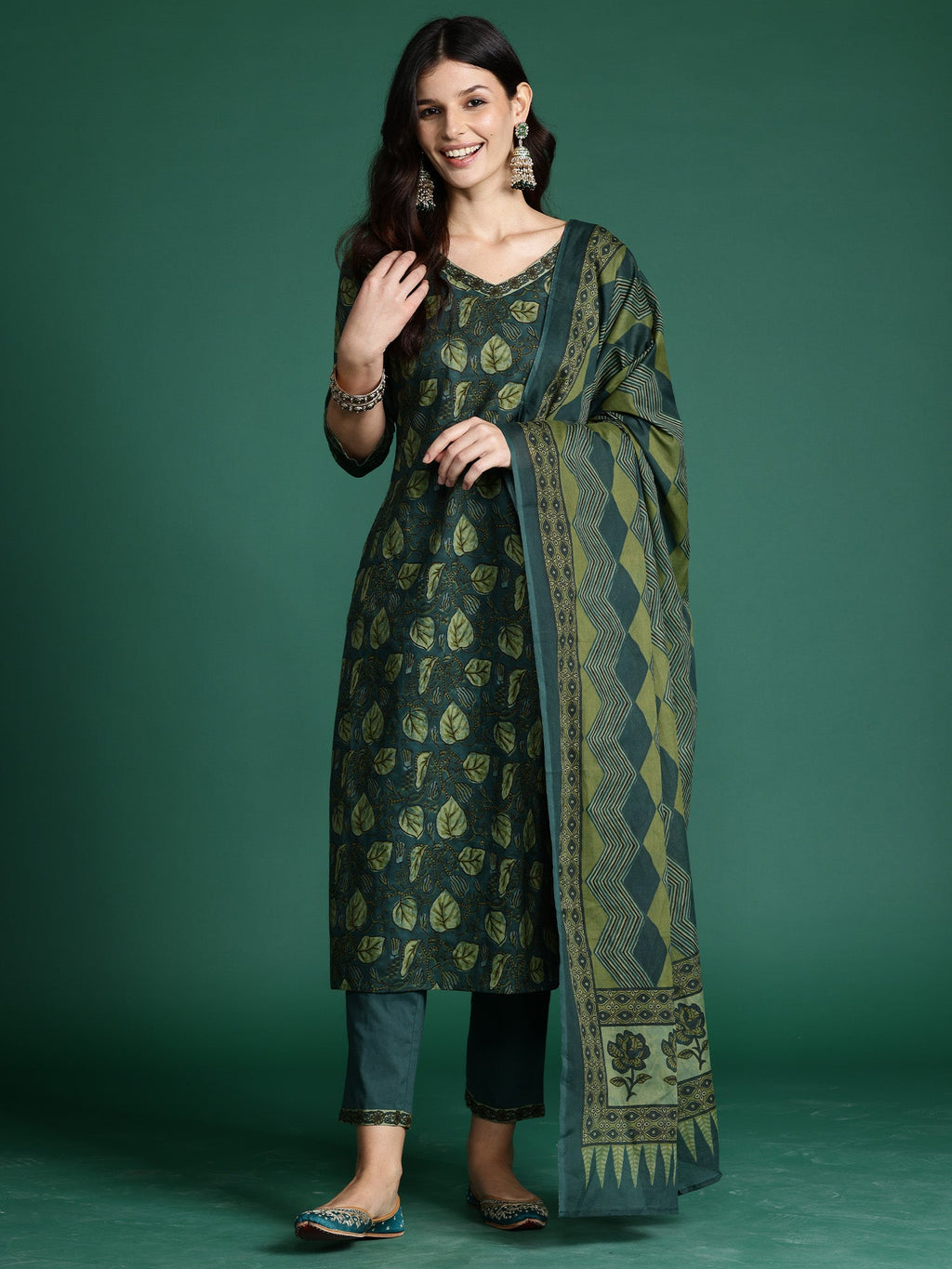 Indo Era Green Printed Straight Kurta Trousers With Dupatta Set