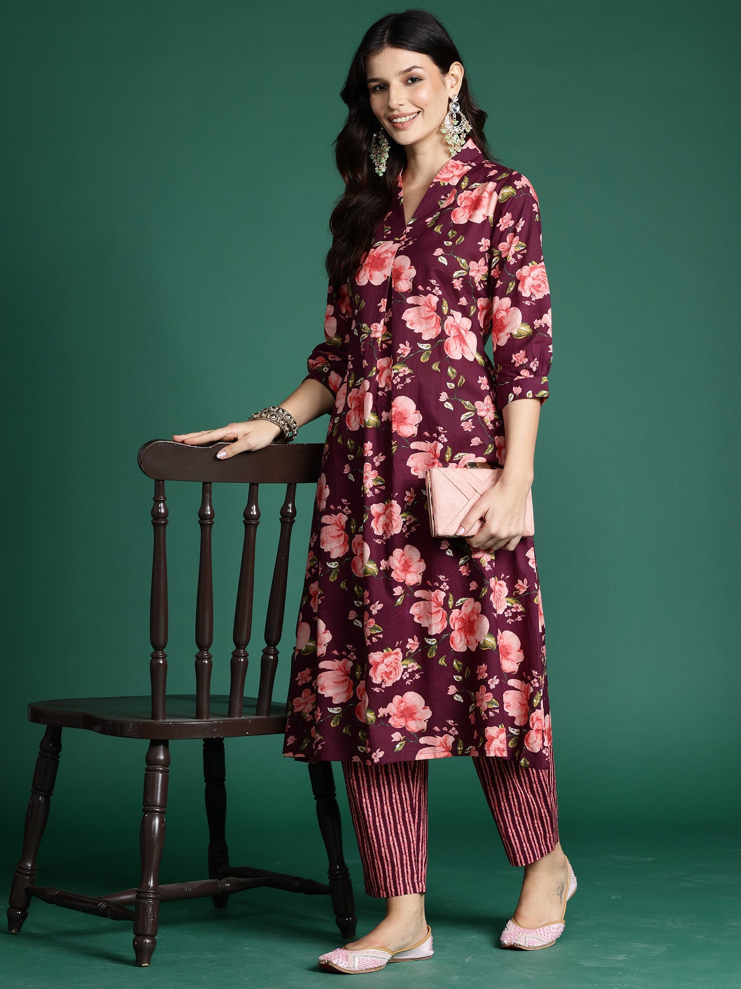 Indo Era Burgundy Printed A-Line Kurta Trousers Set