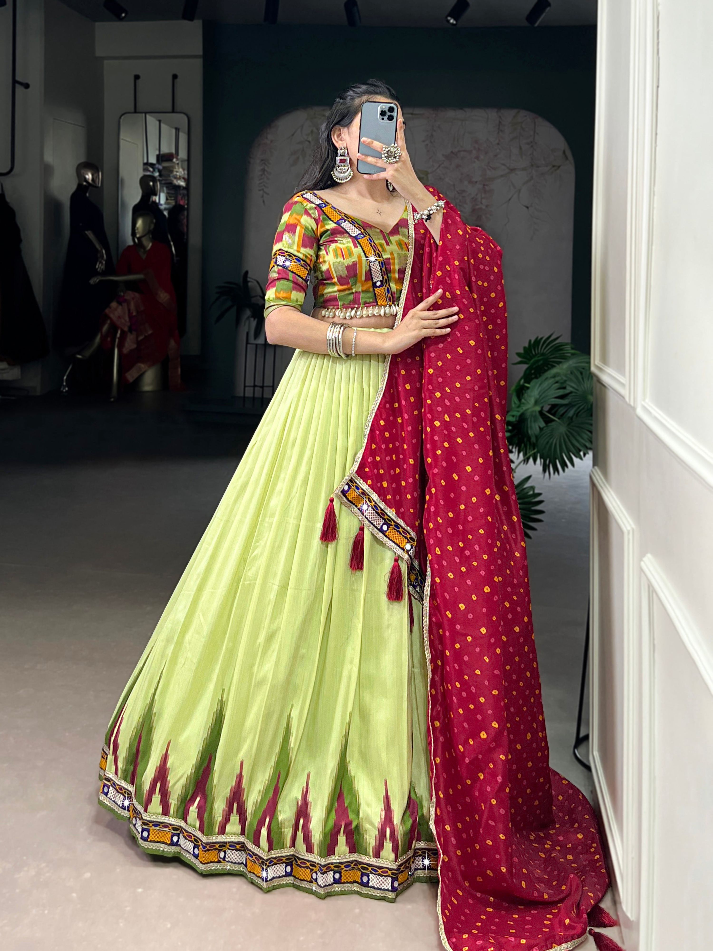 Lorenvalley Fashion Parotgreen Tasar Silk Print with Foil Work and Real Mirror Gamthi Work with Lace Touch Up Lehenga Choli with Dupatta