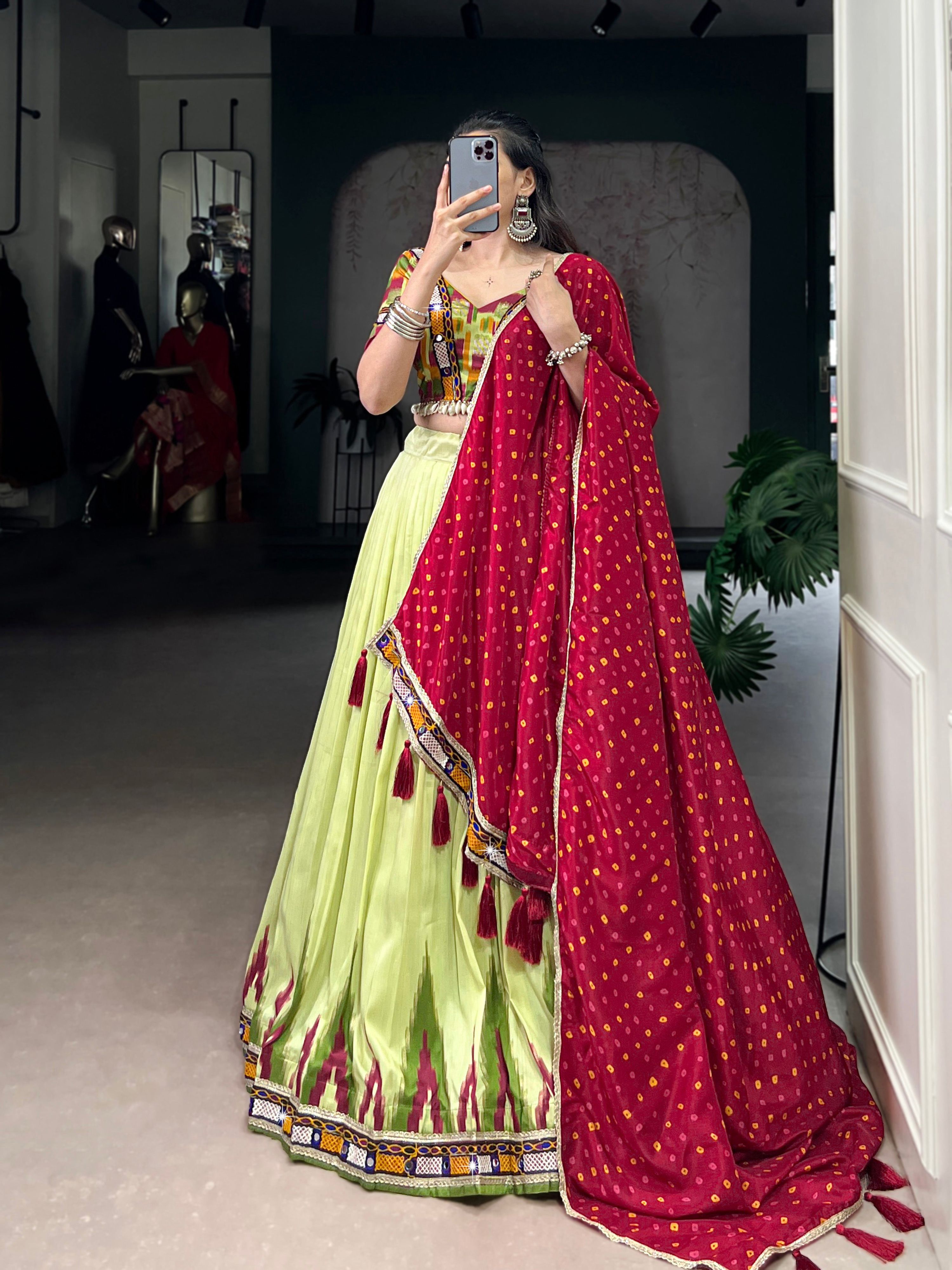 Lorenvalley Fashion Parotgreen Tasar Silk Print with Foil Work and Real Mirror Gamthi Work with Lace Touch Up Lehenga Choli with Dupatta