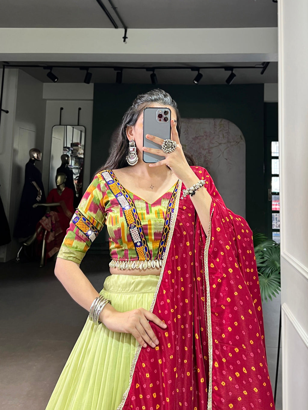 Lorenvalley Fashion Parotgreen Tasar Silk Print with Foil Work and Real Mirror Gamthi Work with Lace Touch Up Lehenga Choli with Dupatta