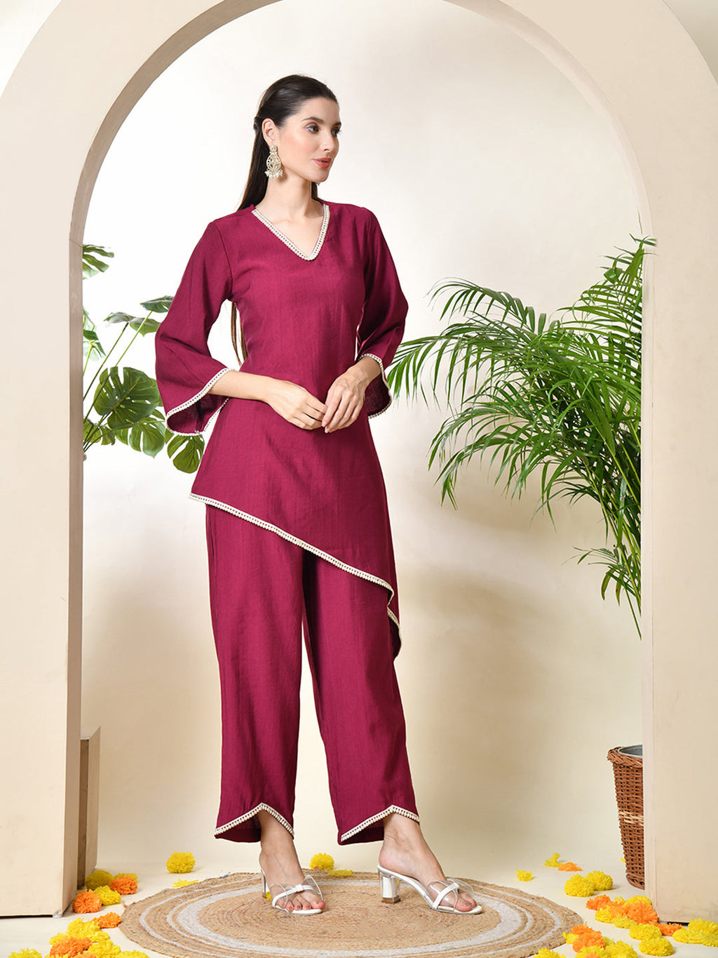 Myshka Women's Wine colour Co-ord set with Lace