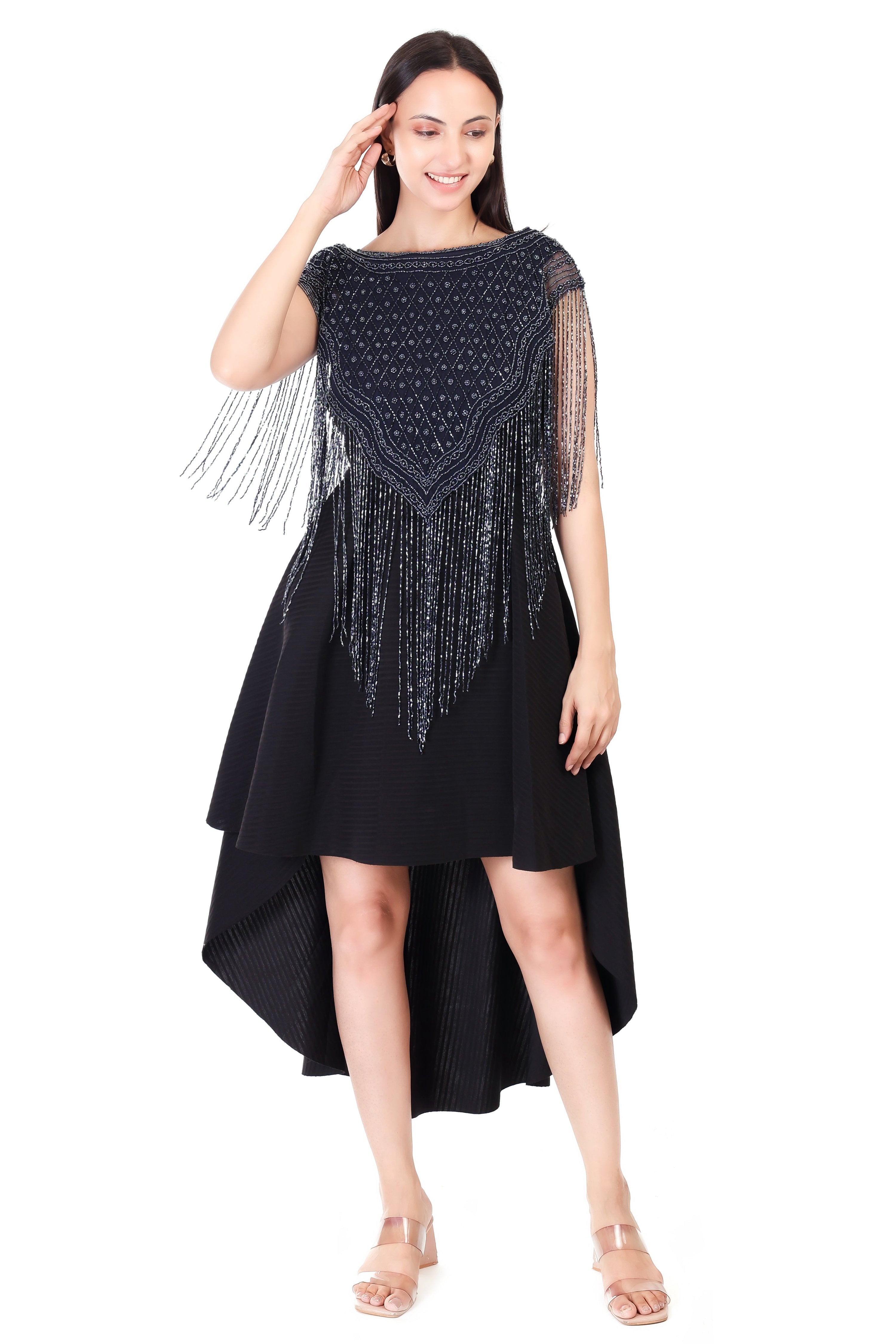 Jaitra Apparels Beads Navy Blue Embroidered Net Poncho