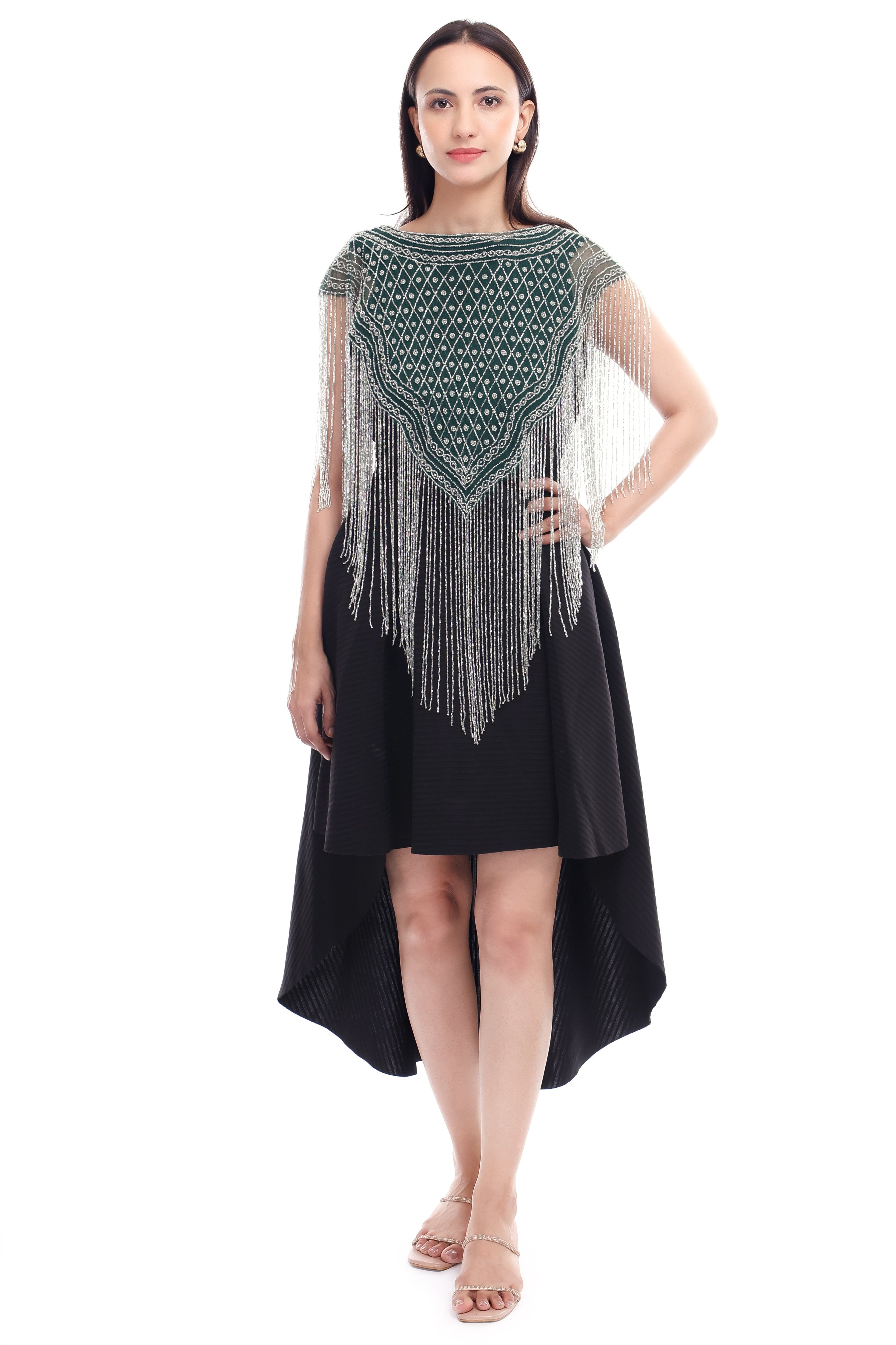 Jaitra Apparels Green Beads Embroidered Net Poncho