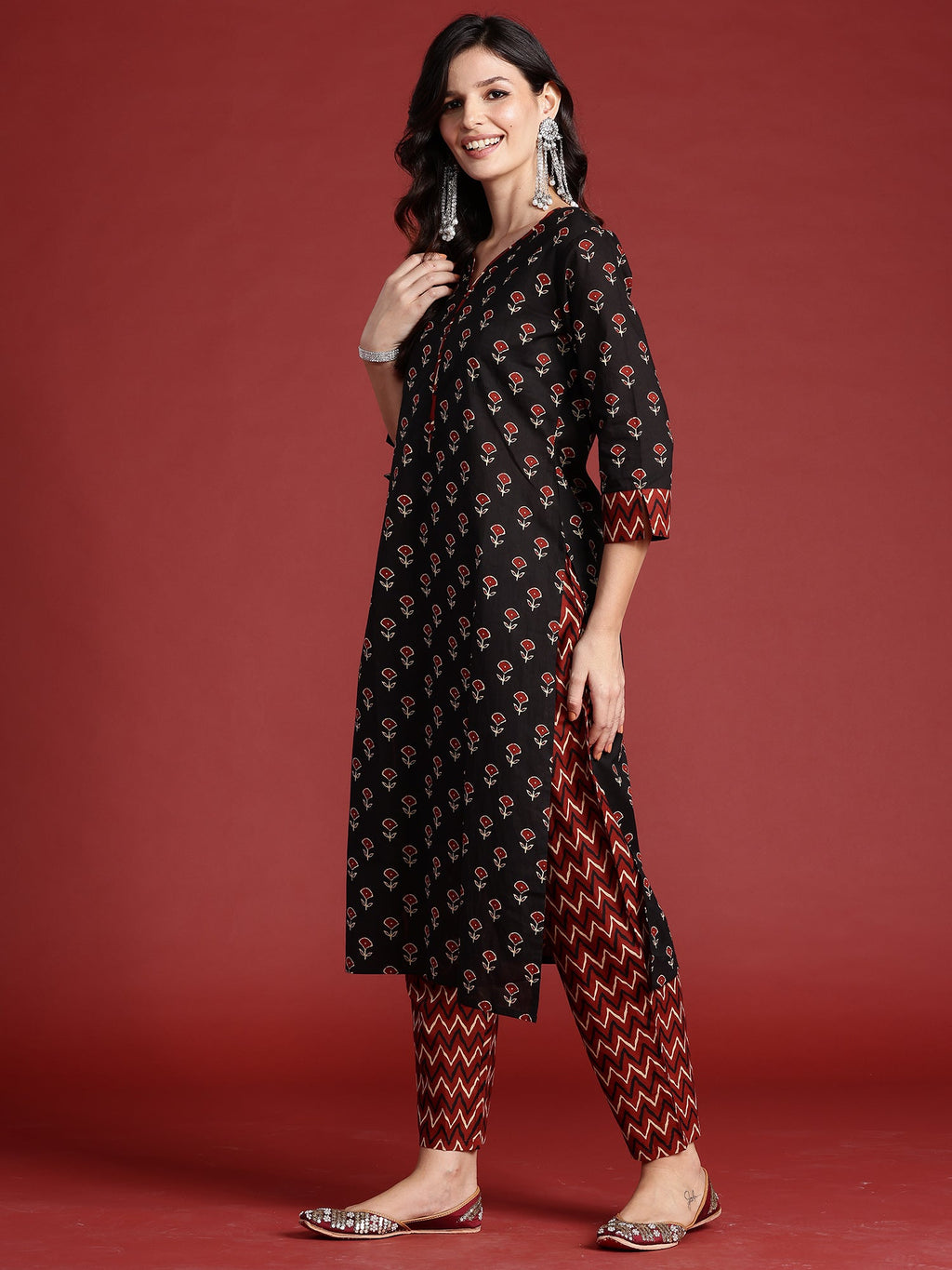 Indo Era Black Printed Straight Kurta Trousers With Dupatta set