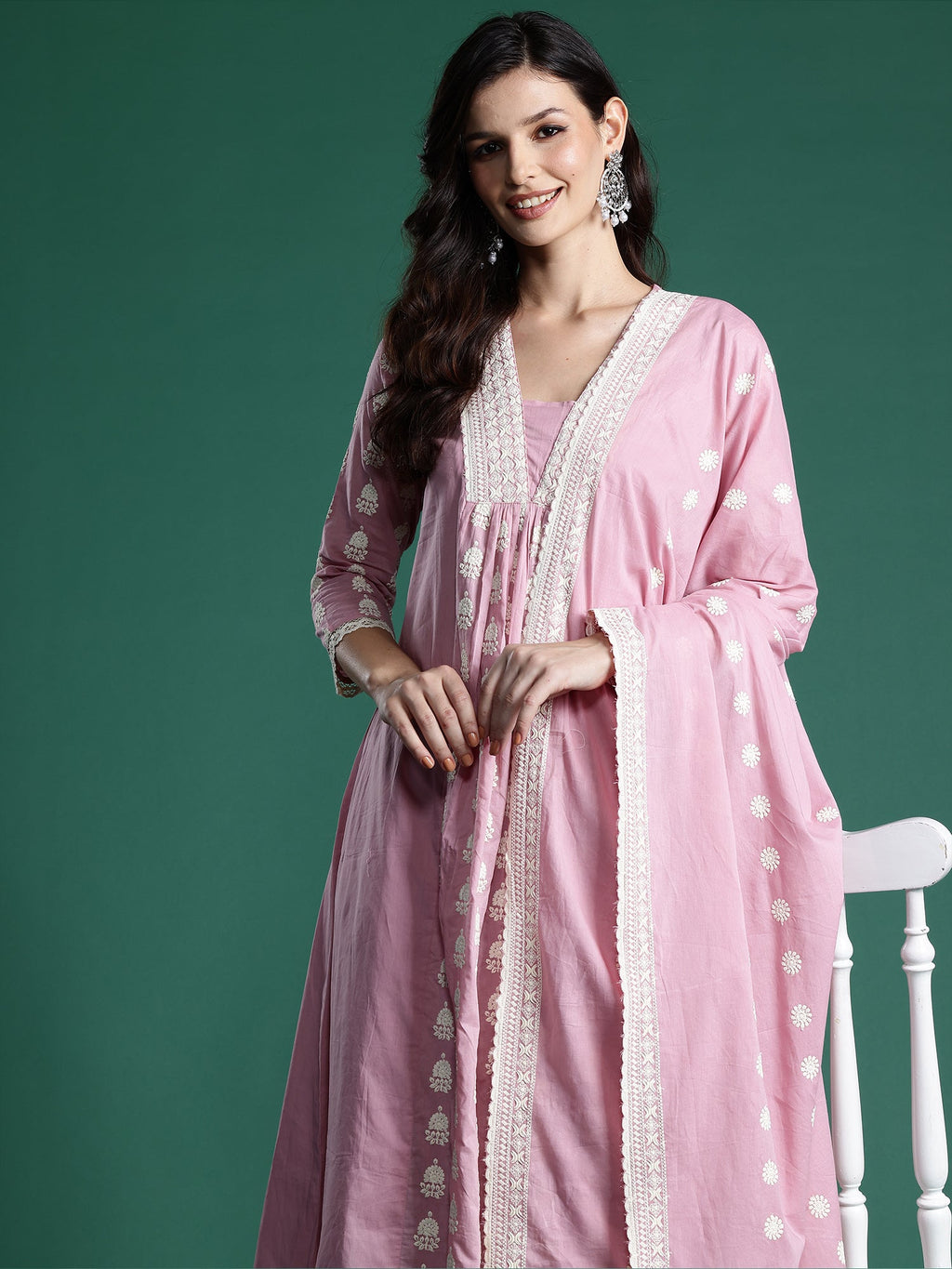 Indo Era Pink Embroidered A-Line Kurta Trousers With Dupatta set