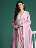 Indo Era Pink Embroidered A-Line Kurta Trousers With Dupatta set