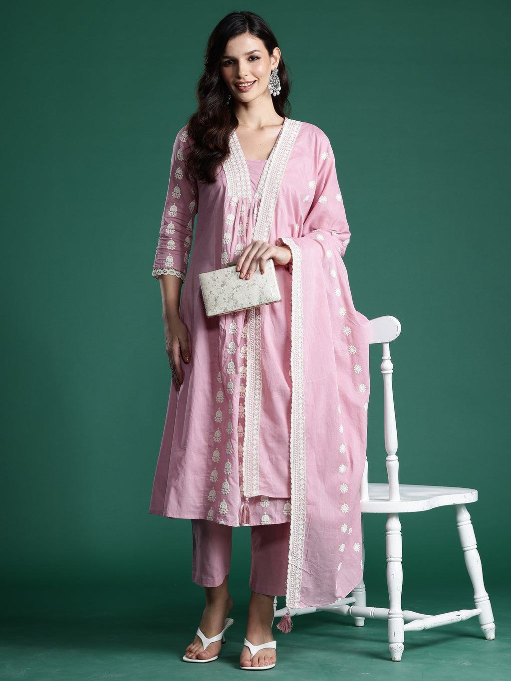 Indo Era Pink Embroidered A-Line Kurta Trousers With Dupatta set