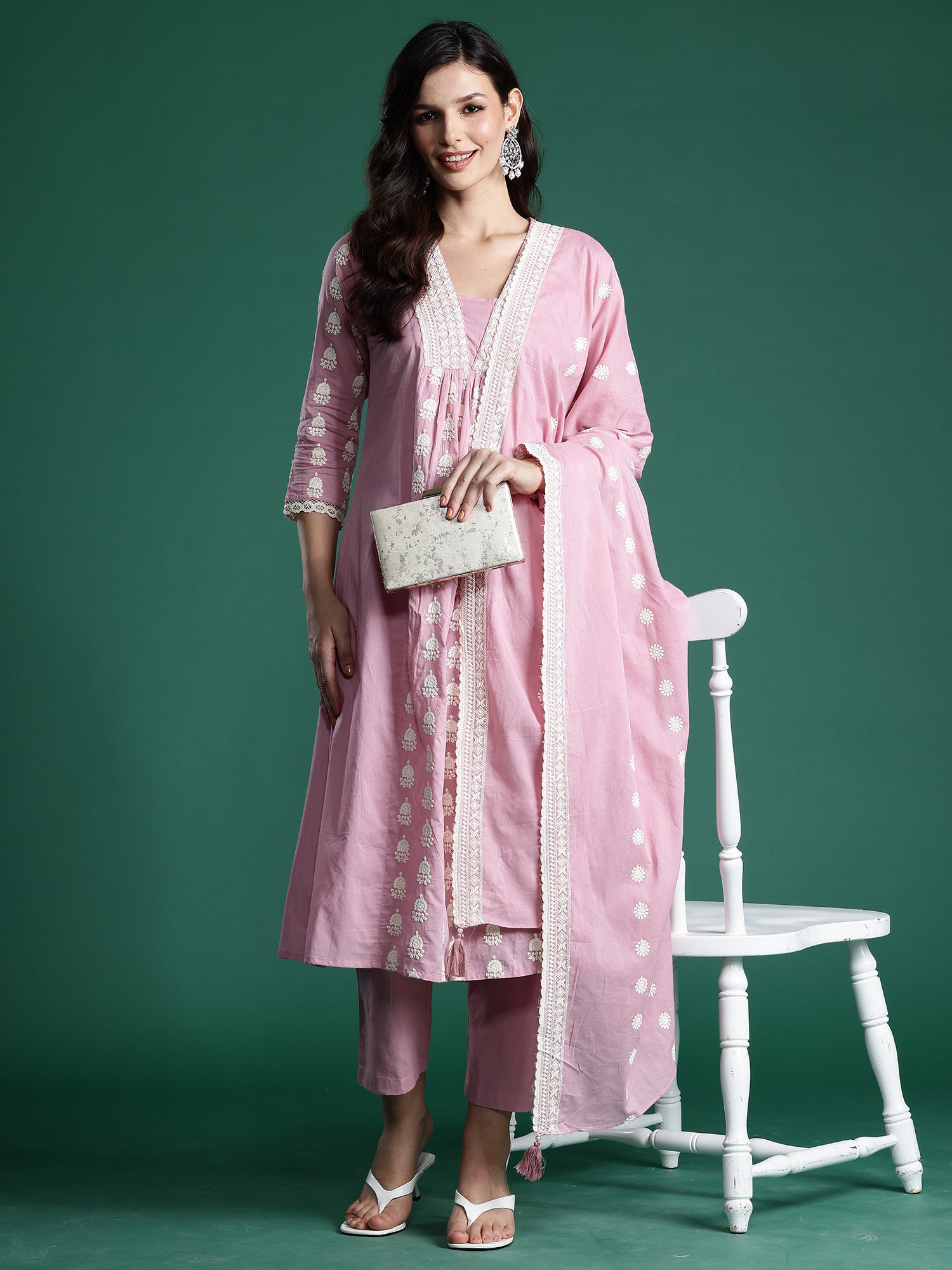 Indo Era Pink Embroidered A-Line Kurta Trousers With Dupatta set