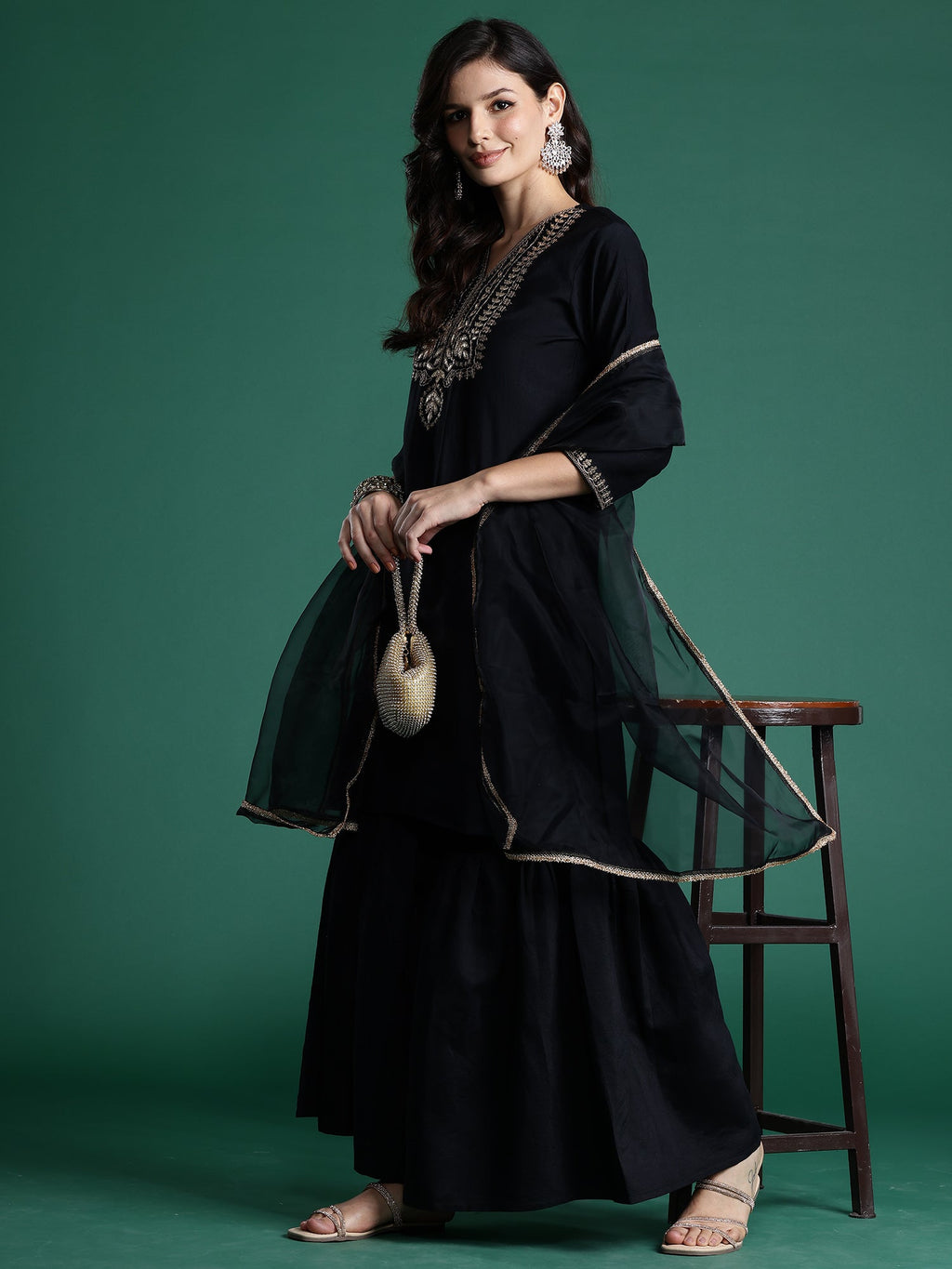 Indo Era Black Embroidered Straight Kurta Sharara With Dupatta Set