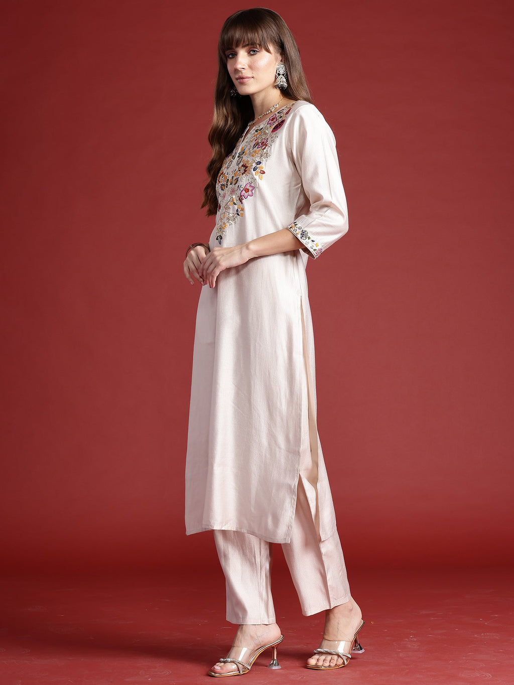 Indo Era Off White Embroidered Straight Kurta Trousers With Dupatta Set