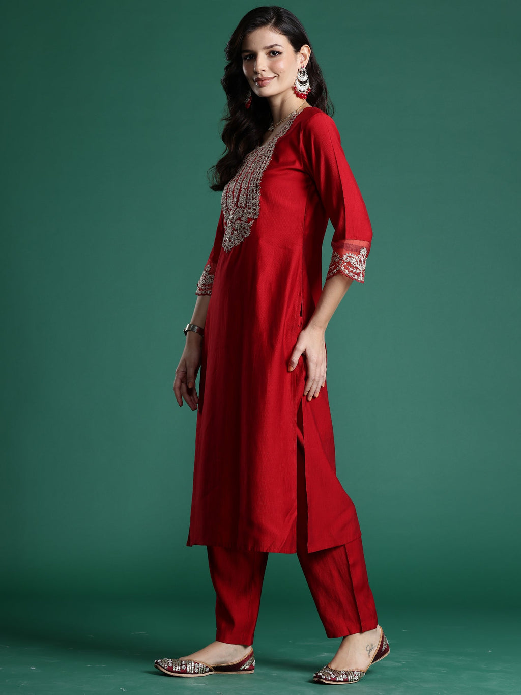 Indo Era Red Embroidered Straight Kurta Trousers With Dupatta set