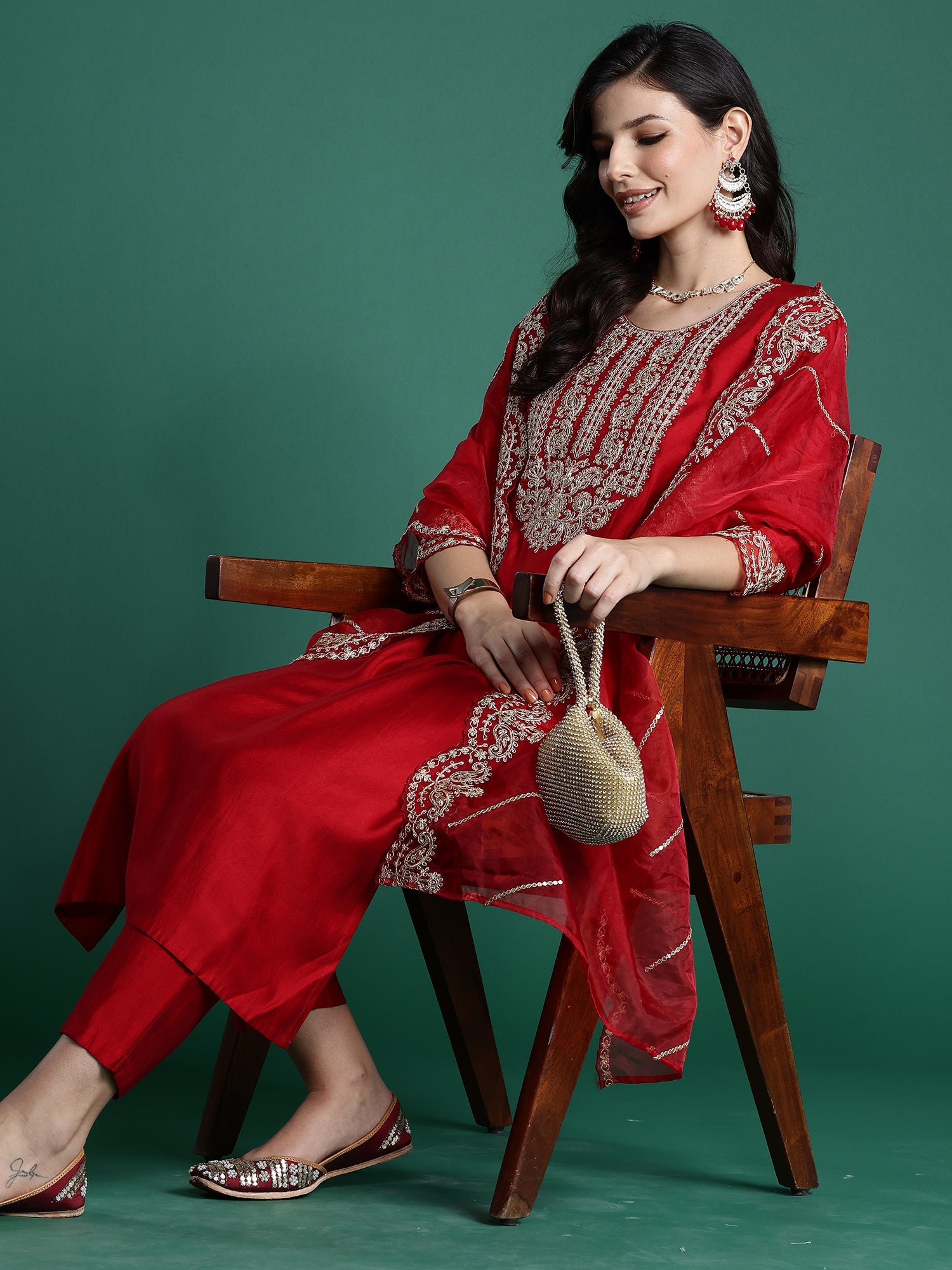 Indo Era Red Embroidered Straight Kurta Trousers With Dupatta set