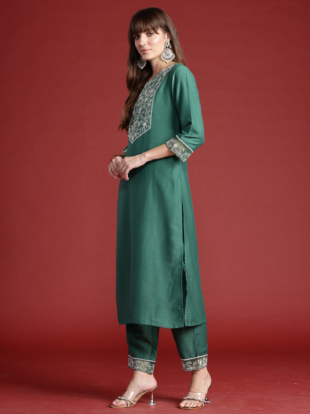 Indo Era Green Embroidered Straight Kurta Trousers With Dupatta set