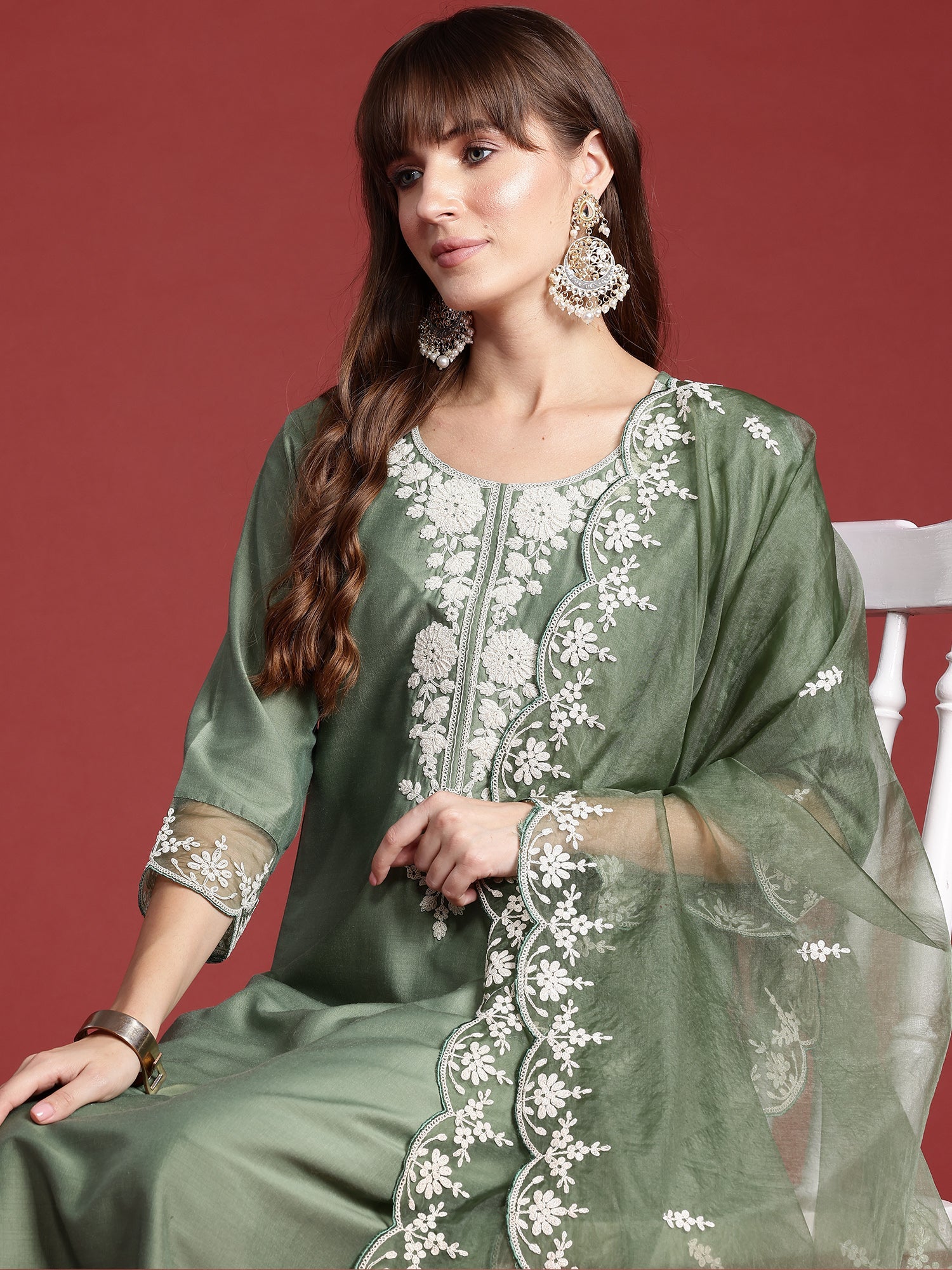 Indo Era Green Embroidered Straight Kurta Trousers With Dupatta set