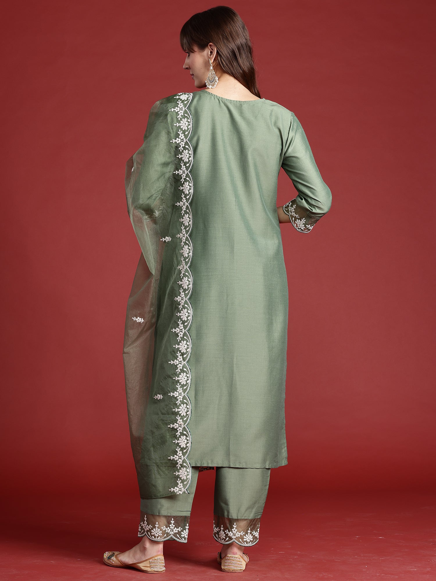 Indo Era Green Embroidered Straight Kurta Trousers With Dupatta set