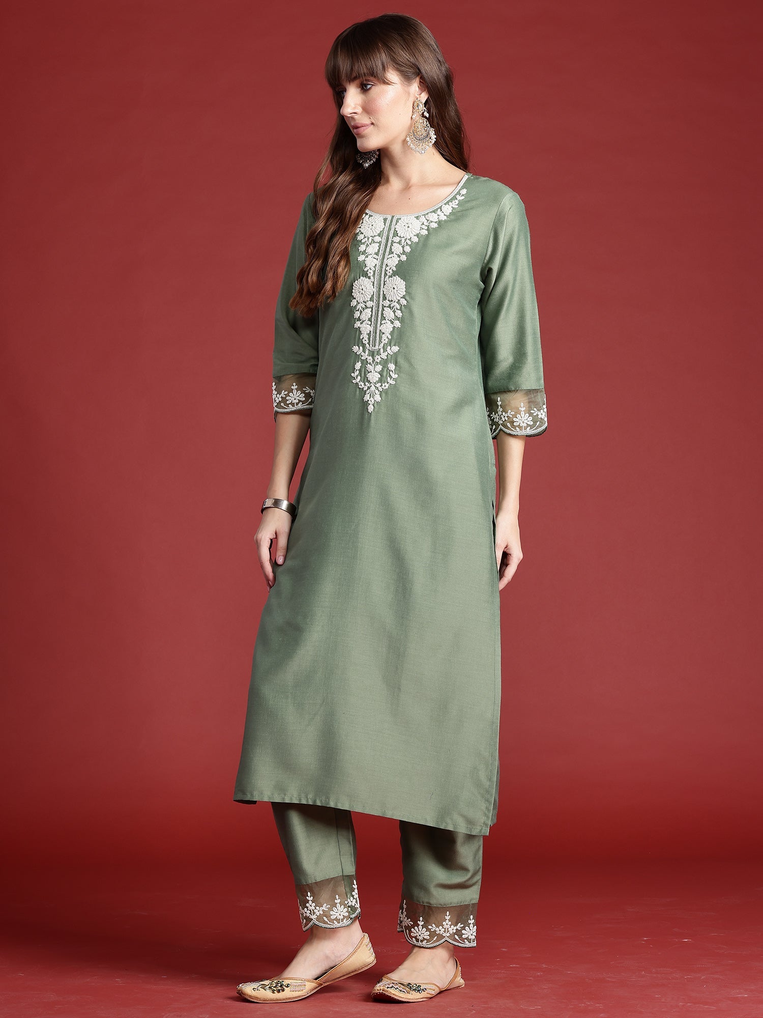 Indo Era Green Embroidered Straight Kurta Trousers With Dupatta set