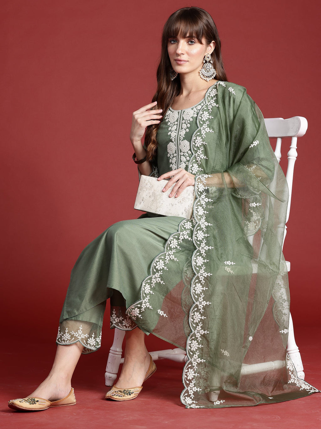 Indo Era Green Embroidered Straight Kurta Trousers With Dupatta set