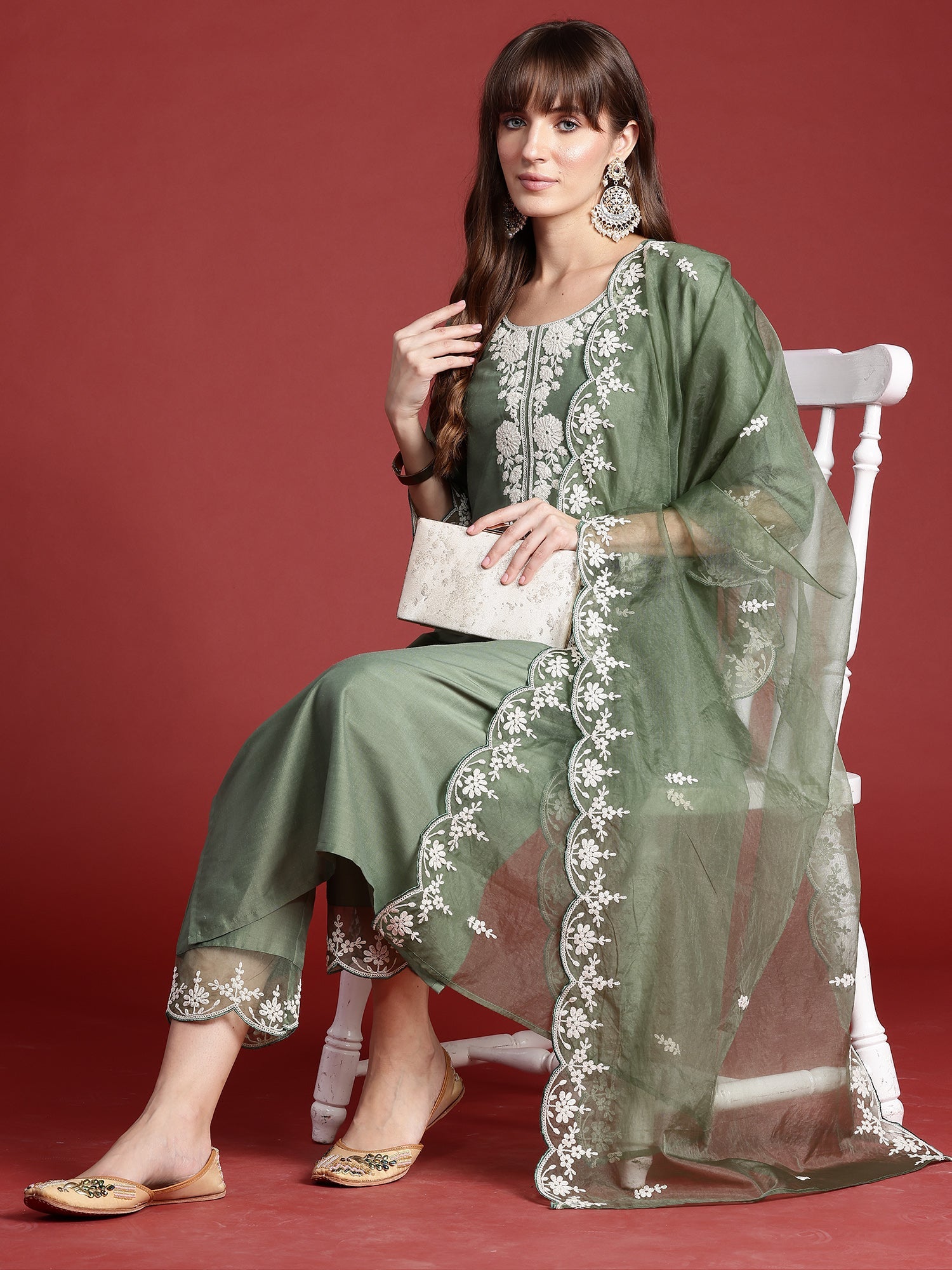 Indo Era Green Embroidered Straight Kurta Trousers With Dupatta set