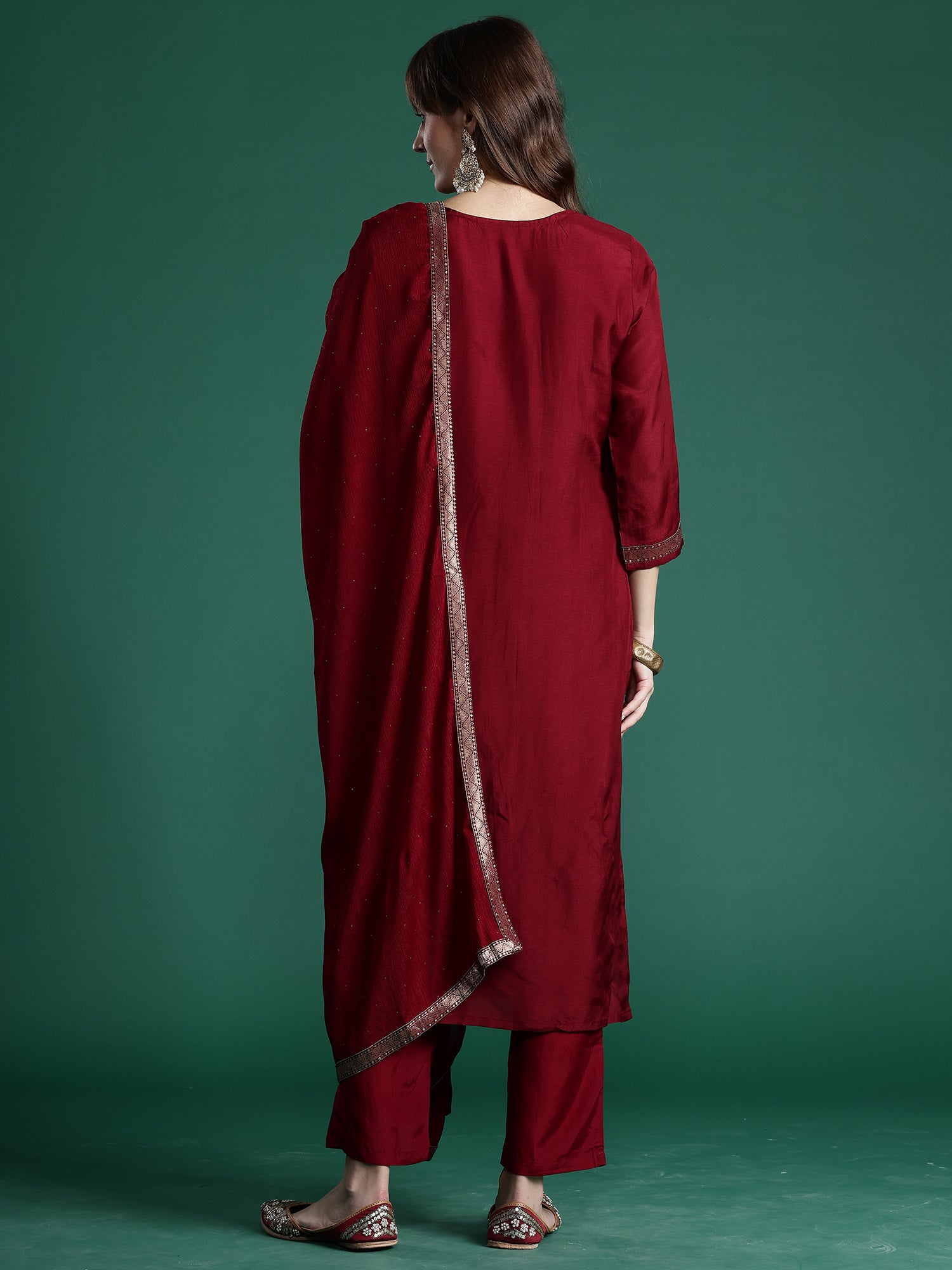Indo Era Maroon Embroidered Straight Kurta Trousers With Dupatta set