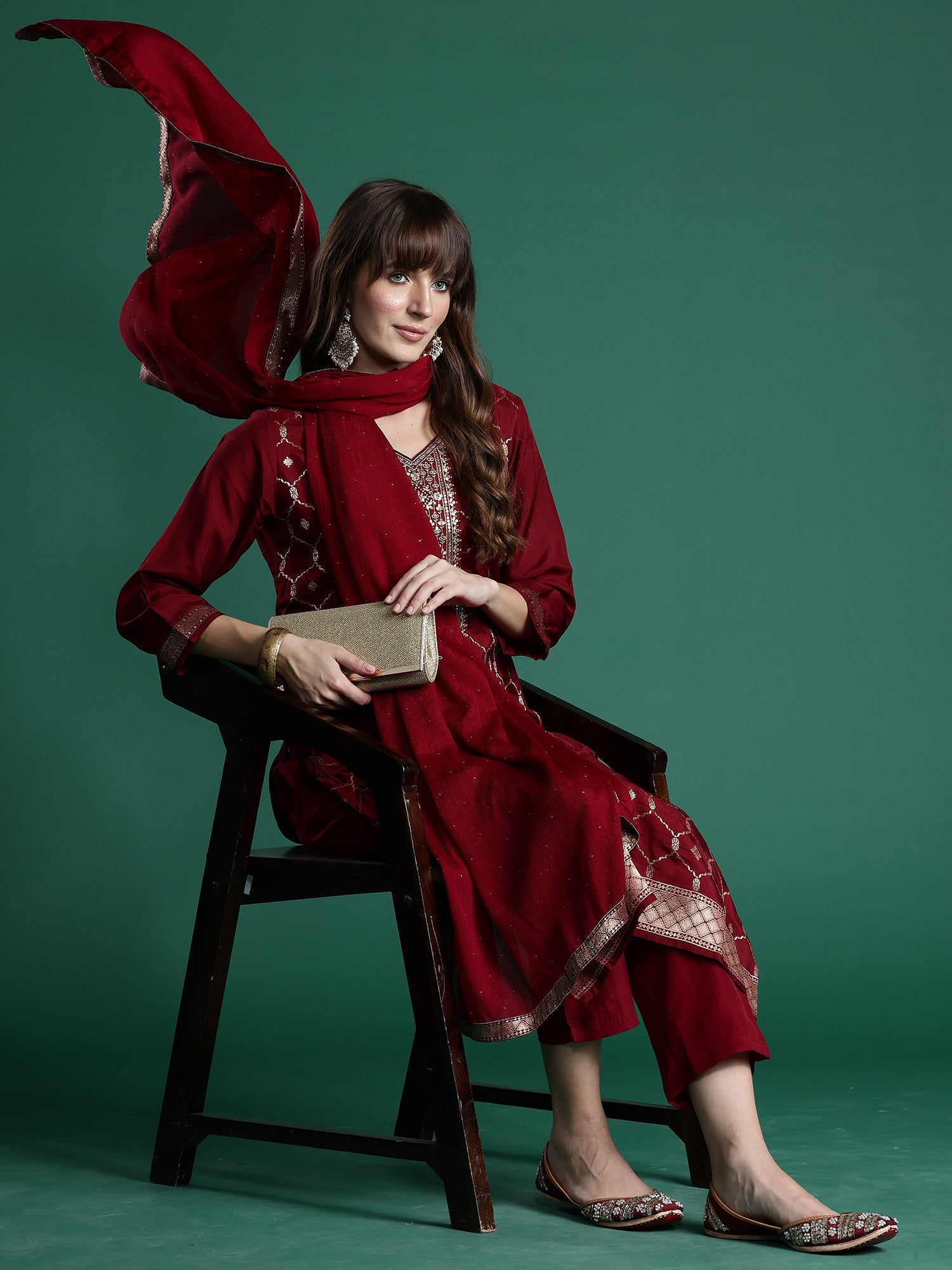 Indo Era Maroon Embroidered Straight Kurta Trousers With Dupatta set
