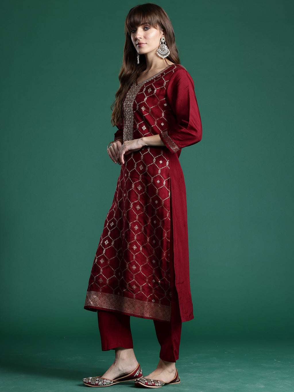 Indo Era Maroon Embroidered Straight Kurta Trousers With Dupatta set