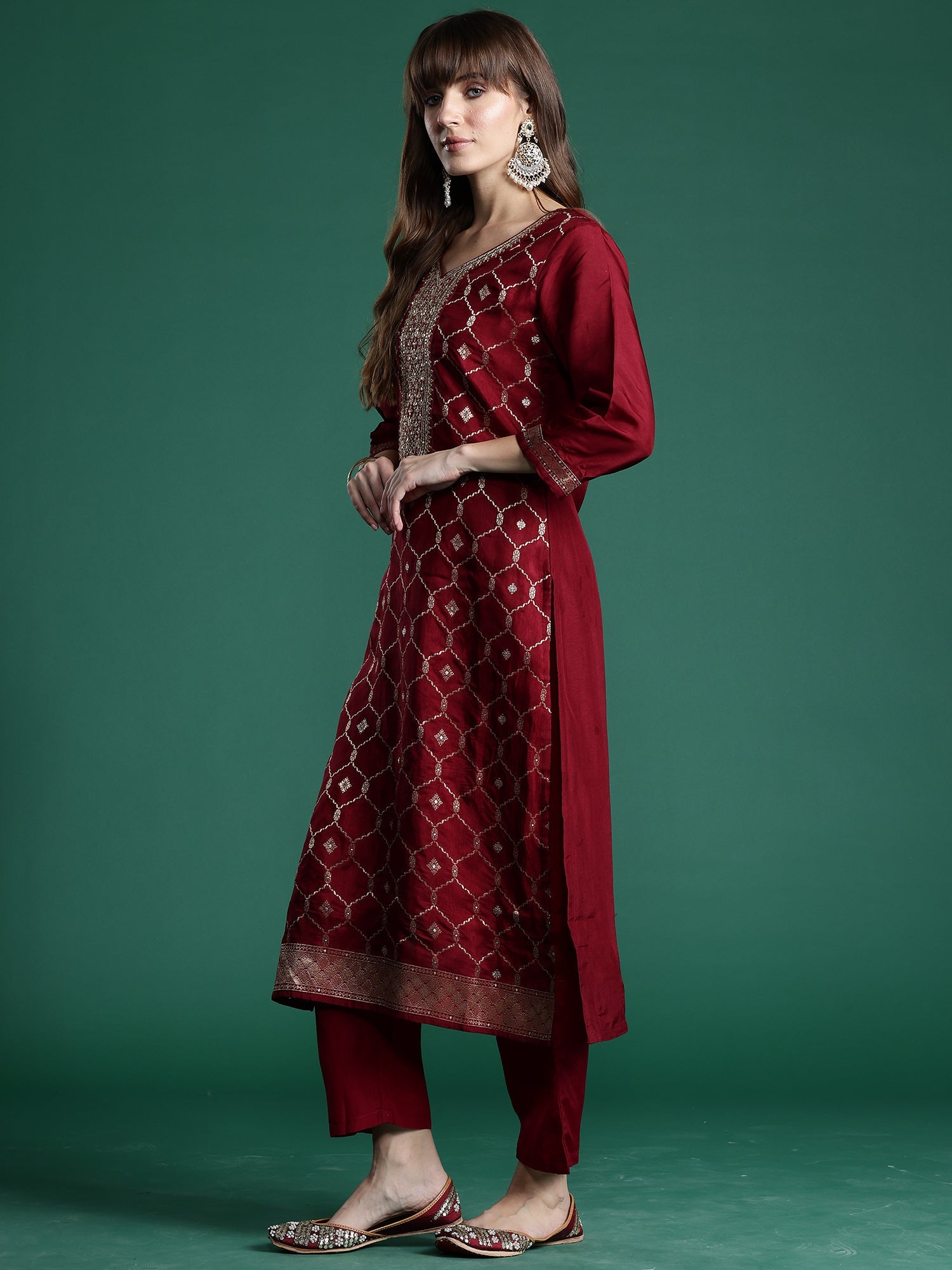 Indo Era Maroon Embroidered Straight Kurta Trousers With Dupatta set