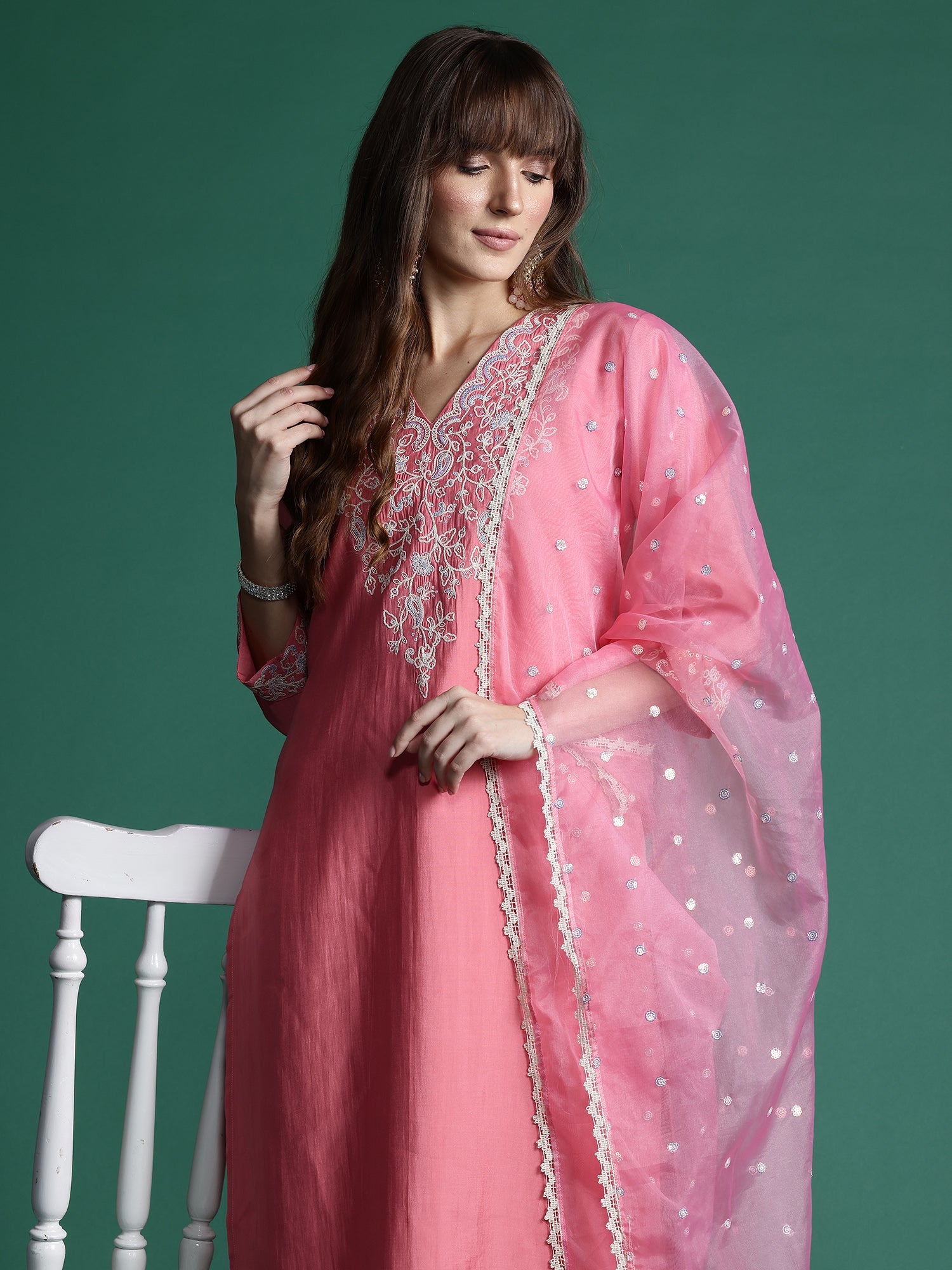 Indo Era Pink Embroidered Straight Kurta Trousers With Dupatta Set