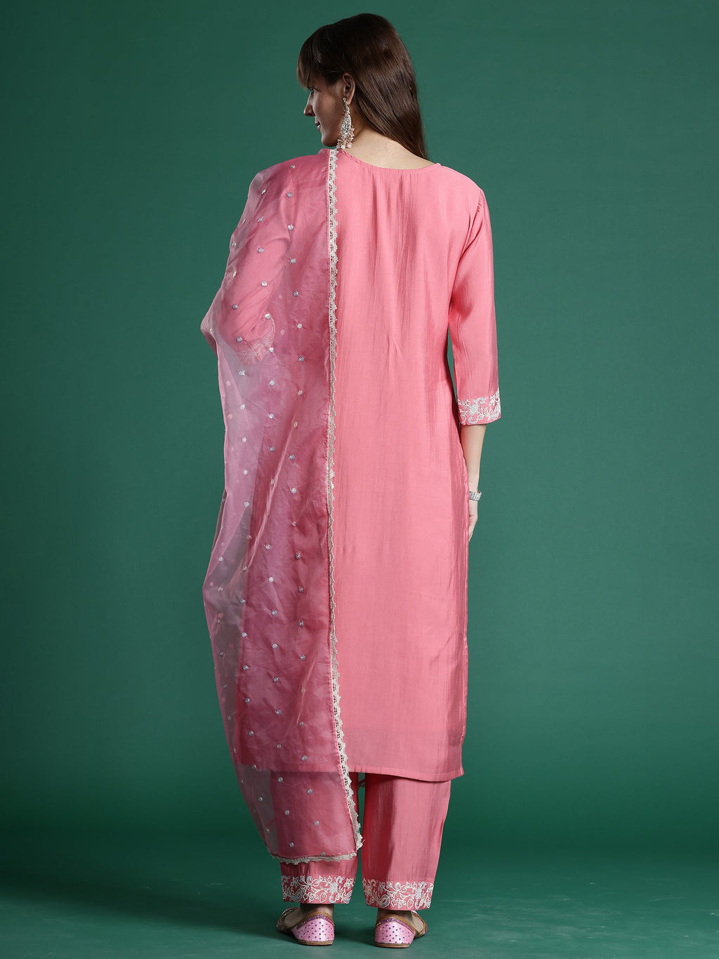 Indo Era Pink Embroidered Straight Kurta Trousers With Dupatta Set