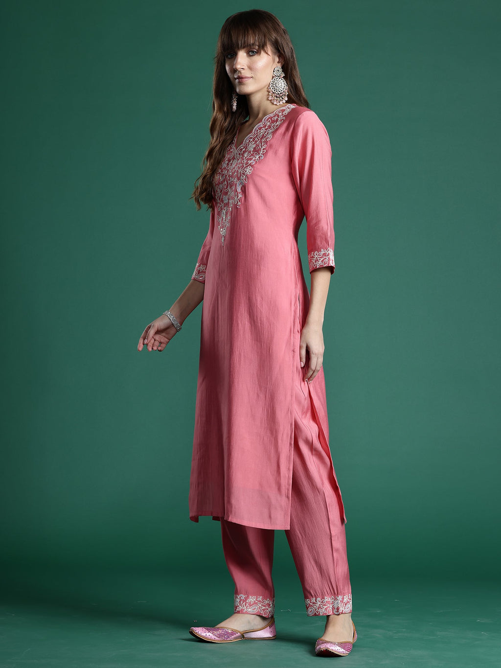 Indo Era Pink Embroidered Straight Kurta Trousers With Dupatta Set