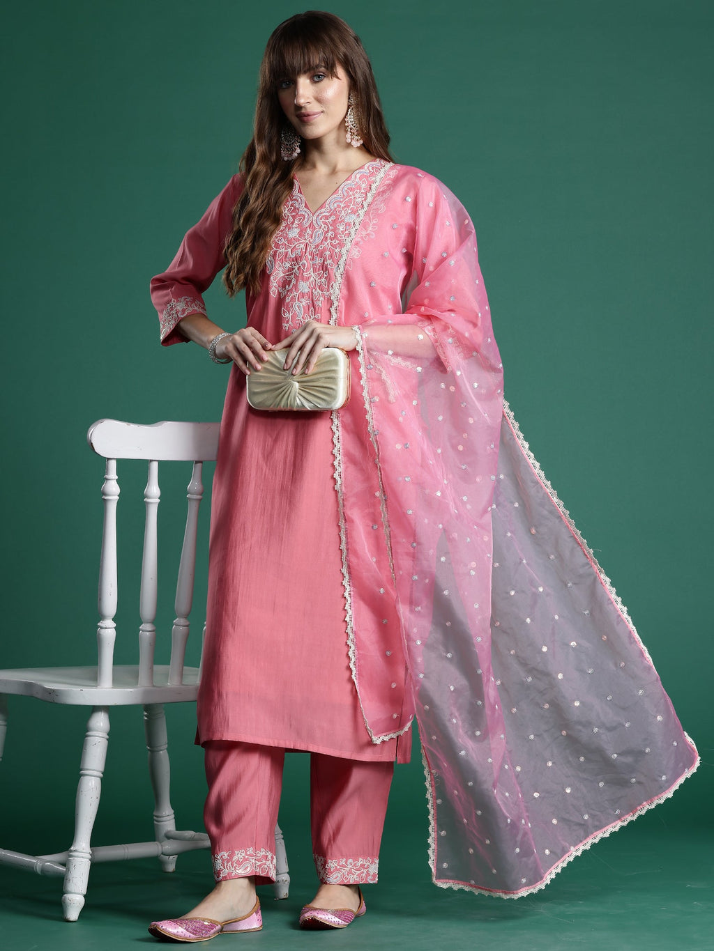Indo Era Pink Embroidered Straight Kurta Trousers With Dupatta Set
