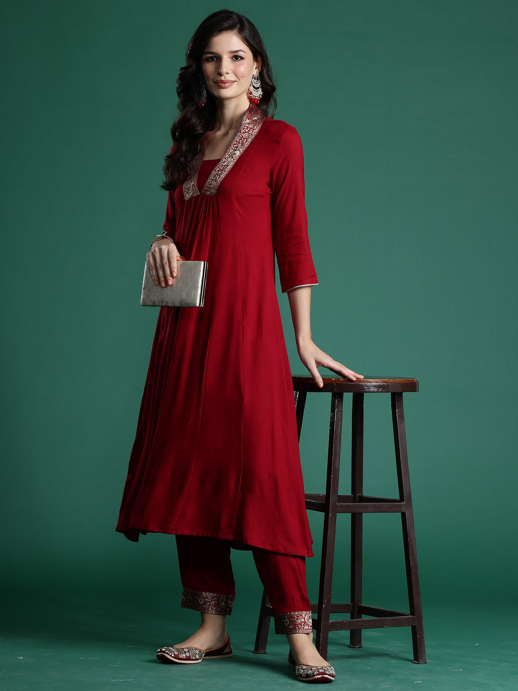 Indo Era Maroon Woven Design A-Line Kurta Trousers Set