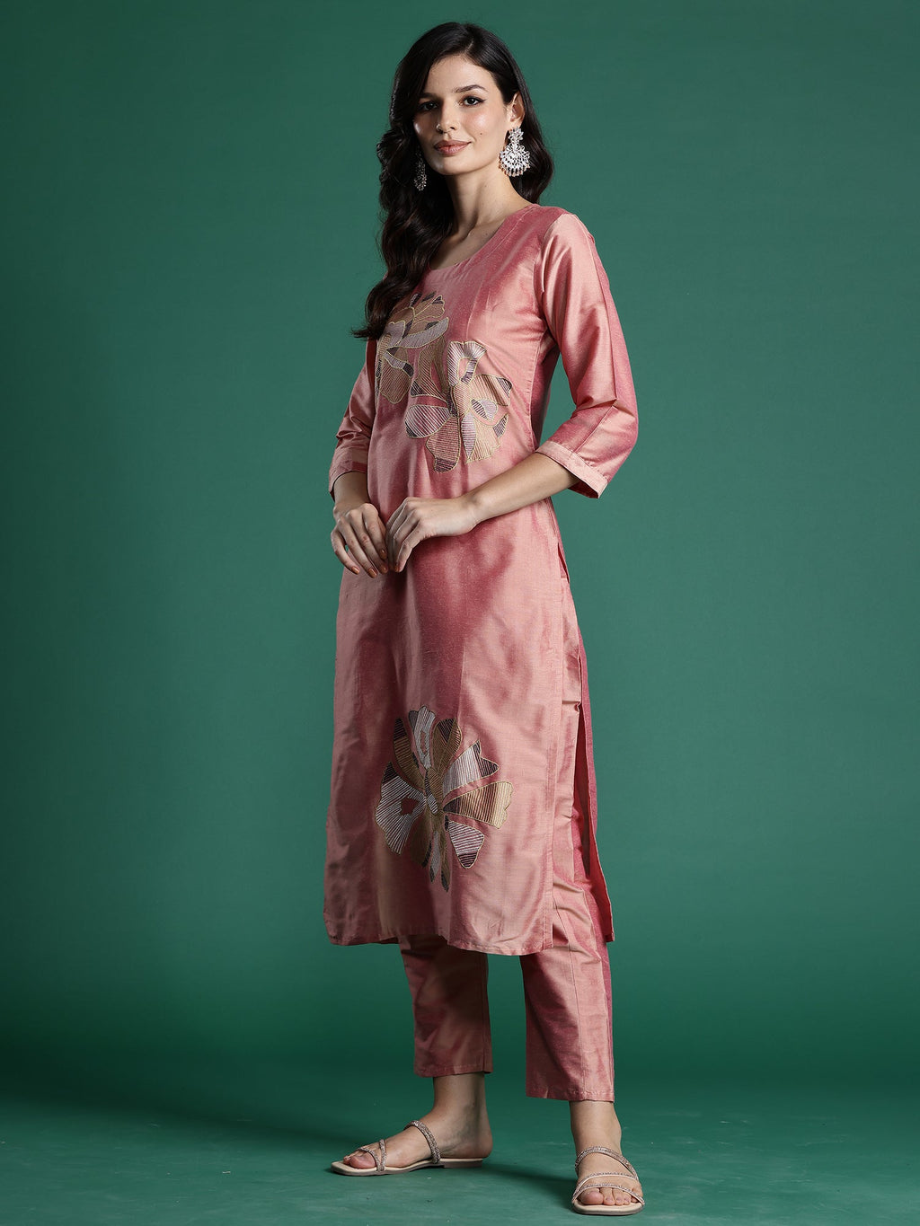 Indo Era Peach Embroidered Straight Kurta Trousers set