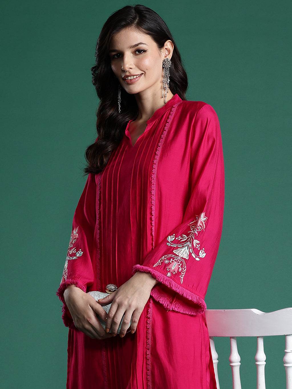 Indo Era Pink Self Design Straight Kurta Trousers set