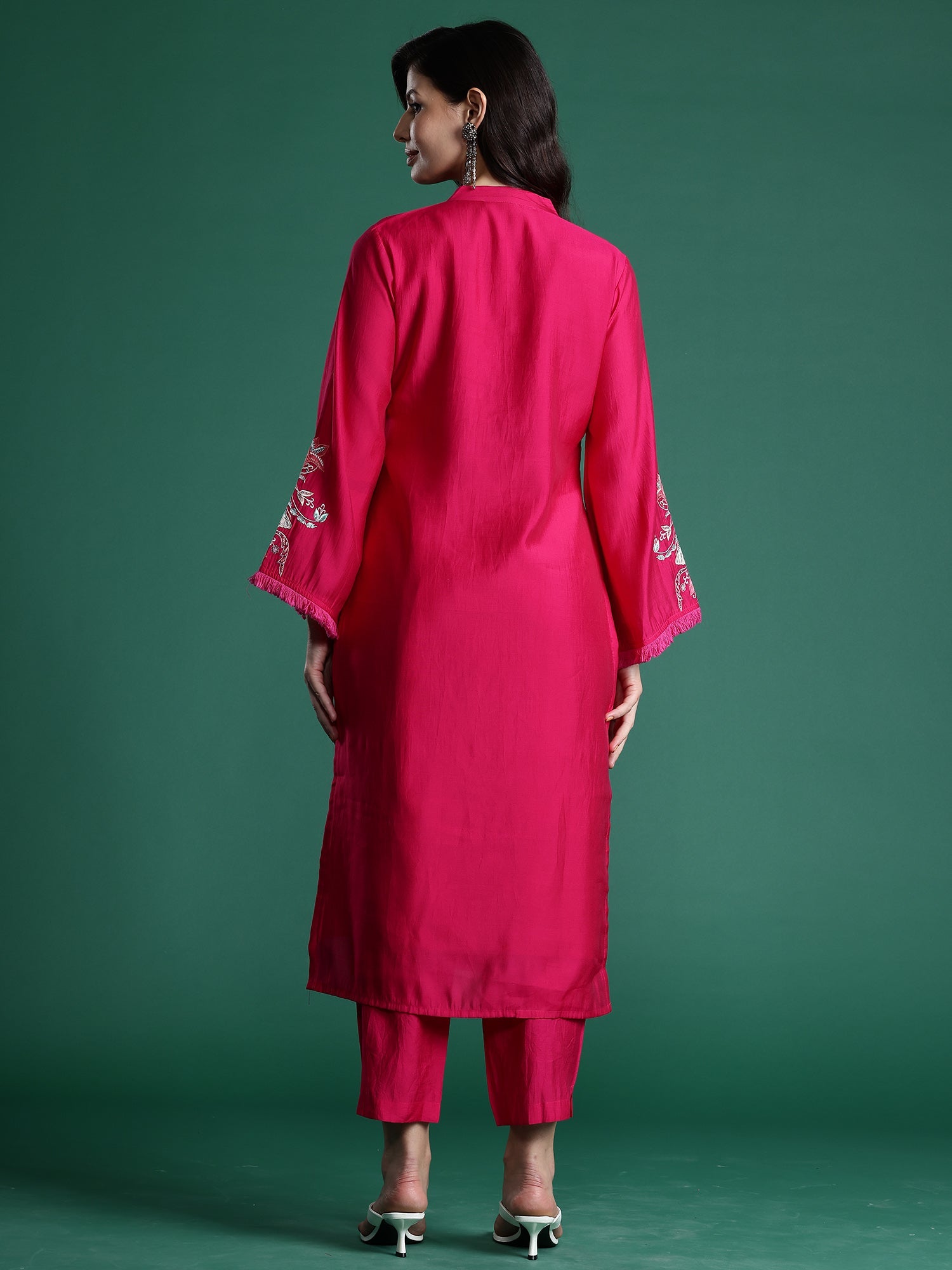 Indo Era Pink Self Design Straight Kurta Trousers set