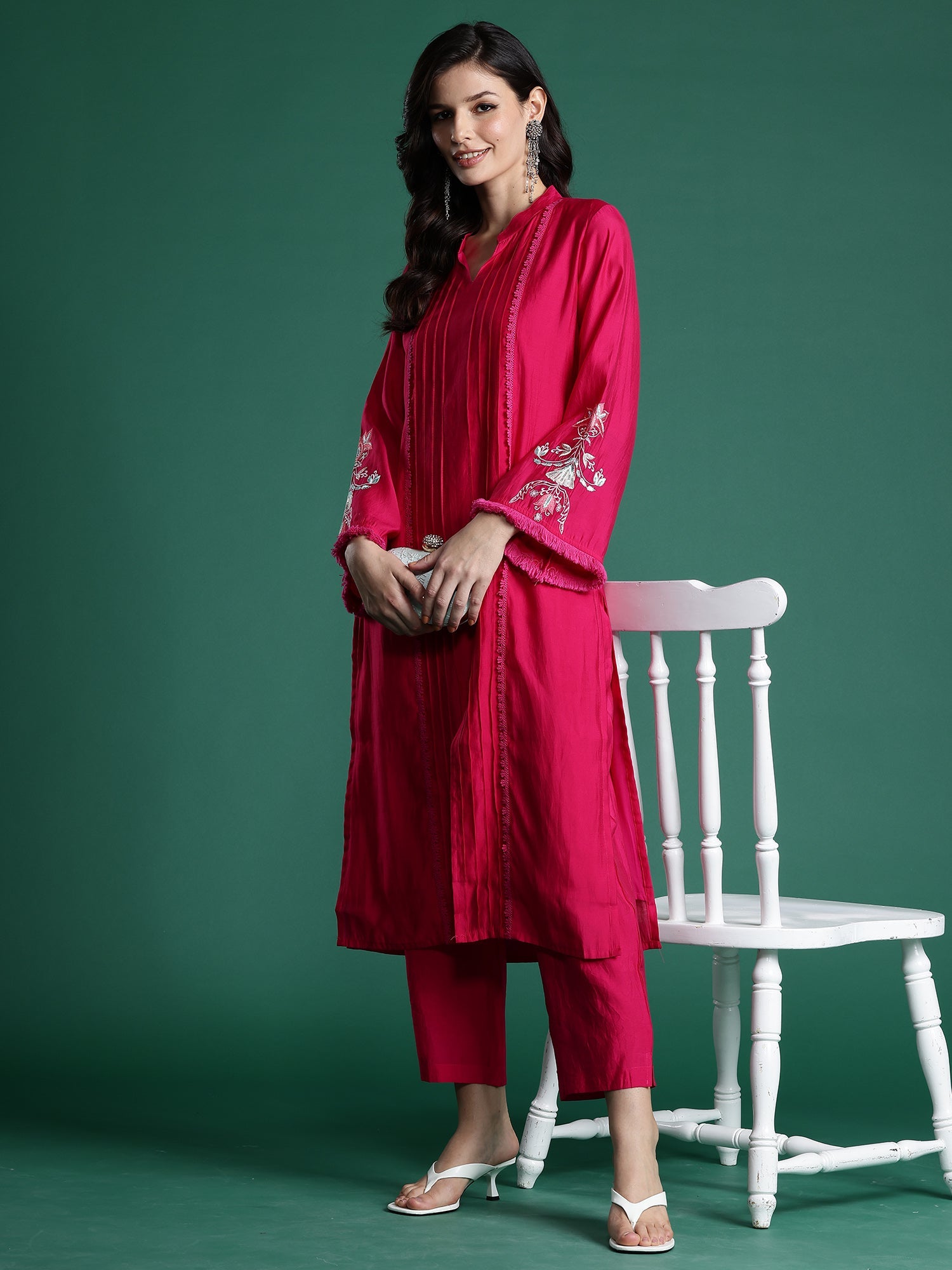 Indo Era Pink Self Design Straight Kurta Trousers set