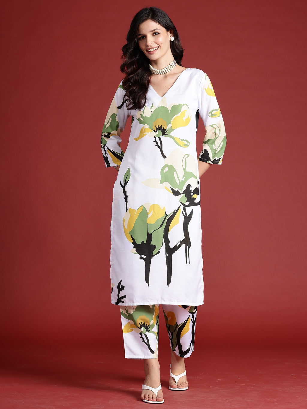 Indo Era White Printed Straight Kurta Trousers set