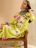 Indo Era Olive Printed Straight Kurta Trousers Set