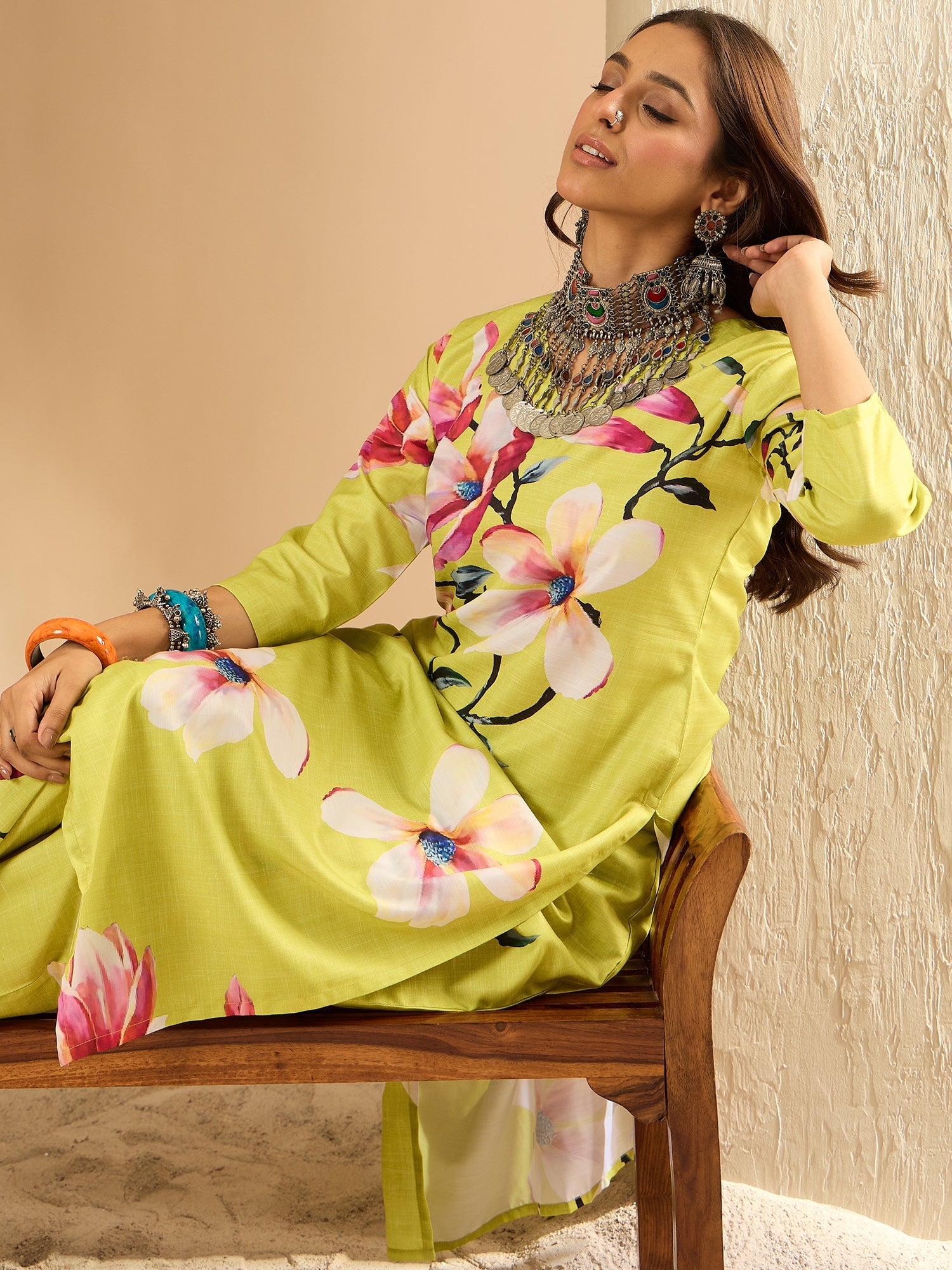 Indo Era Olive Printed Straight Kurta Trousers Set