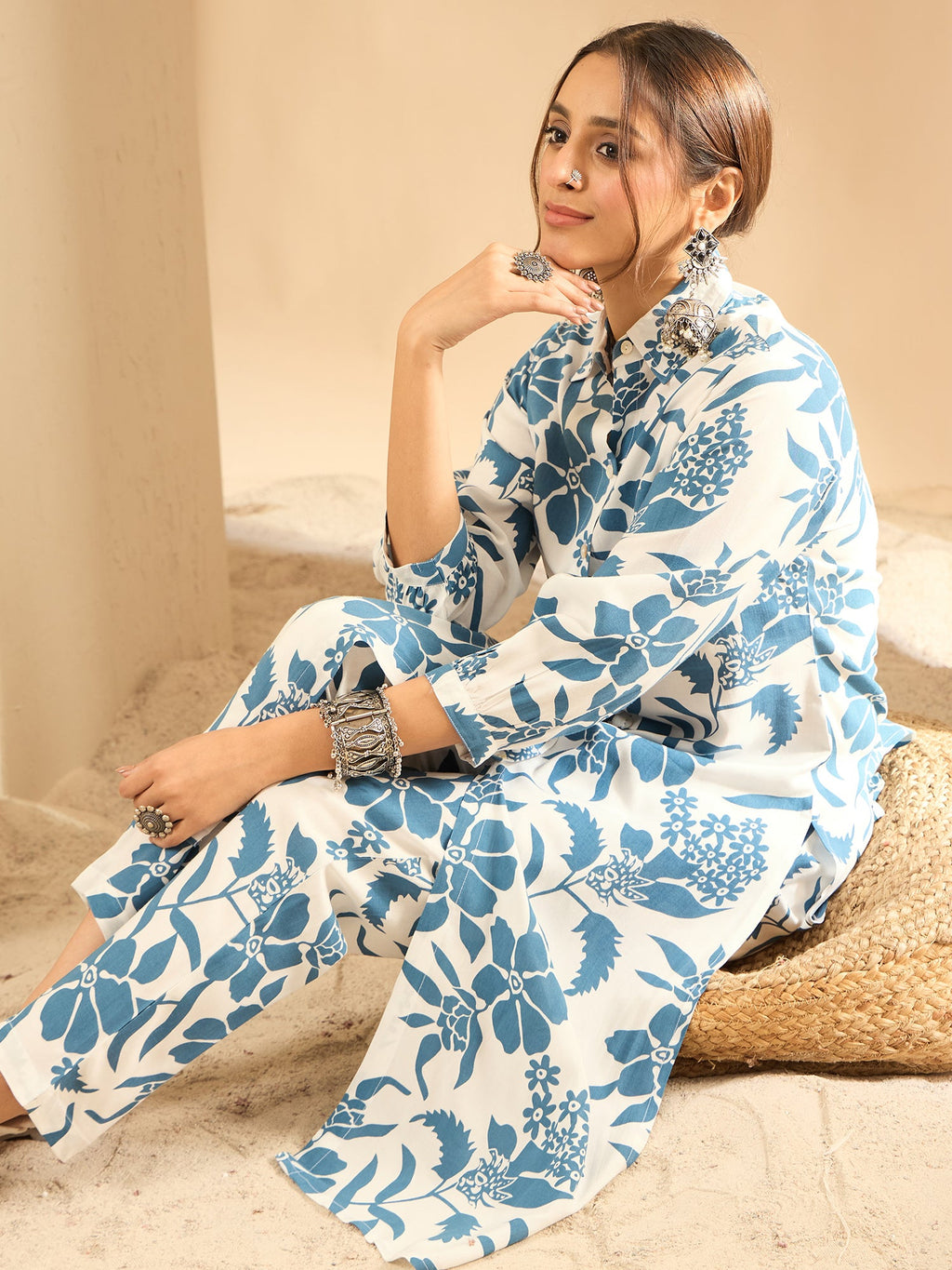 Indo Era White Printed Straight Kurta Trousers set