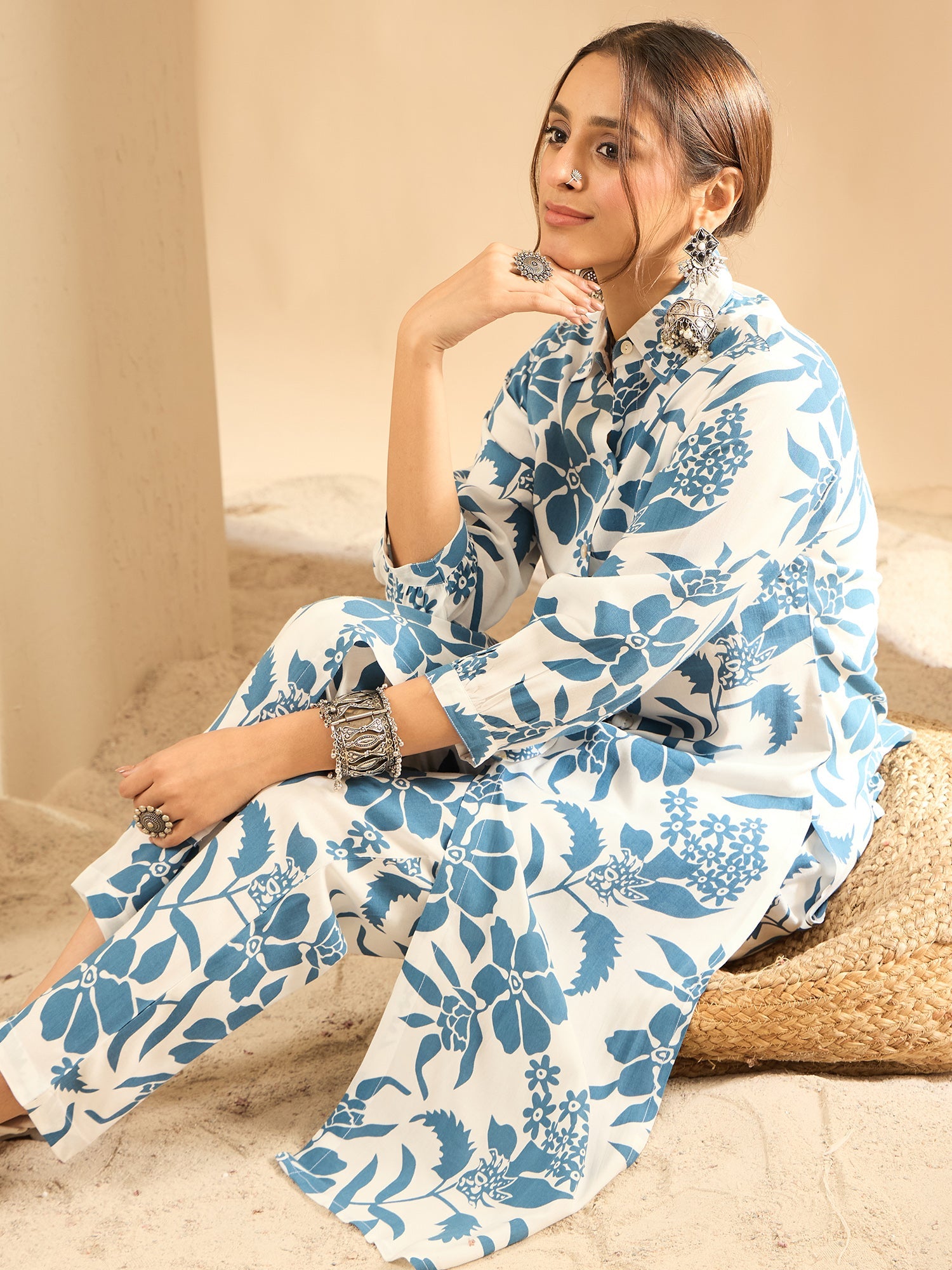 Indo Era White Printed Straight Kurta Trousers set