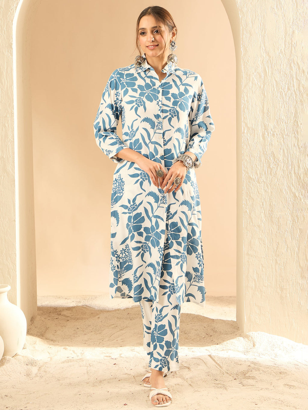 Indo Era White Printed Straight Kurta Trousers set
