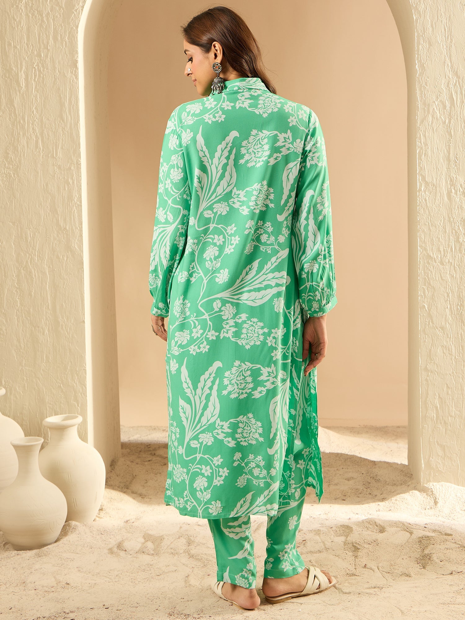 Indo Era Green Printed Straight Kurta Trousers set