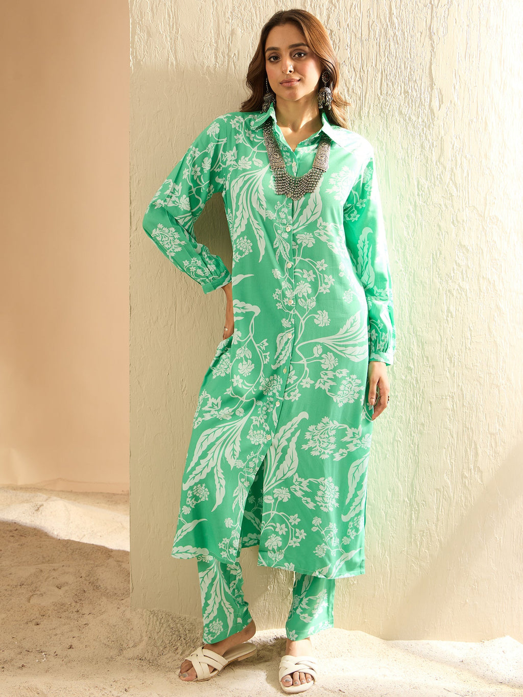 Indo Era Green Printed Straight Kurta Trousers set